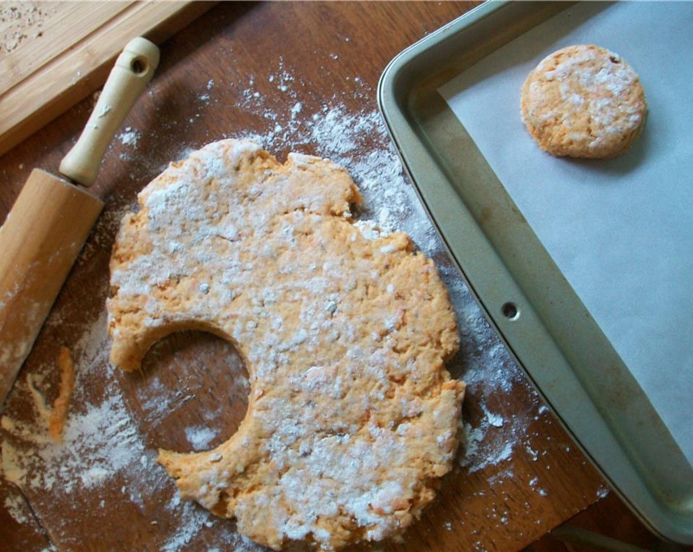 step 5 Cut with a biscuit cutter or a mason jar. Place biscuits 2 inches apart on a cookie sheet.