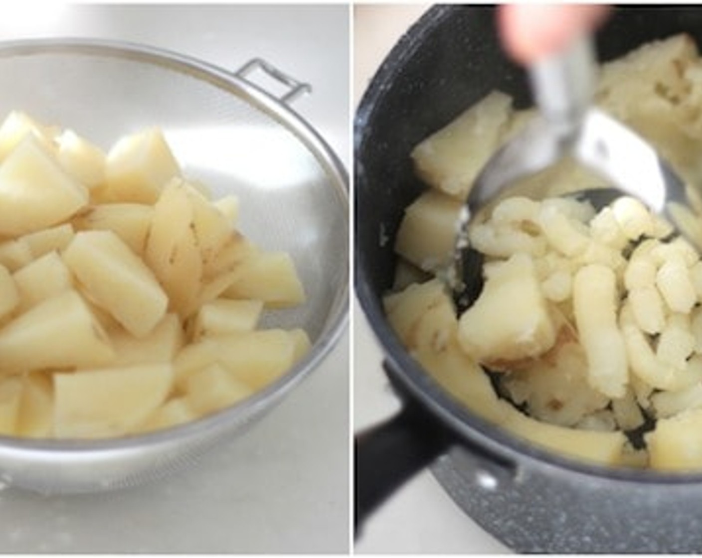 step 10 Get the potatoes out of the pot and drain the water. Add a tablespoon of Sea Salt (to taste) and Soy Milk (1/2 cup) then use a masher to mash the potatoes.