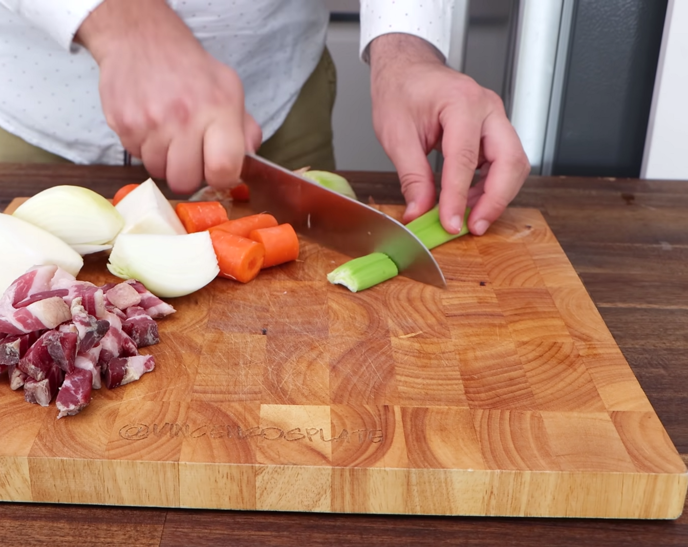 step 1 Start by roughly chopping the Carrot (1), Onion (1), Celery (1 stalk), and cutting the Pancetta (2/3 cup) into strips.