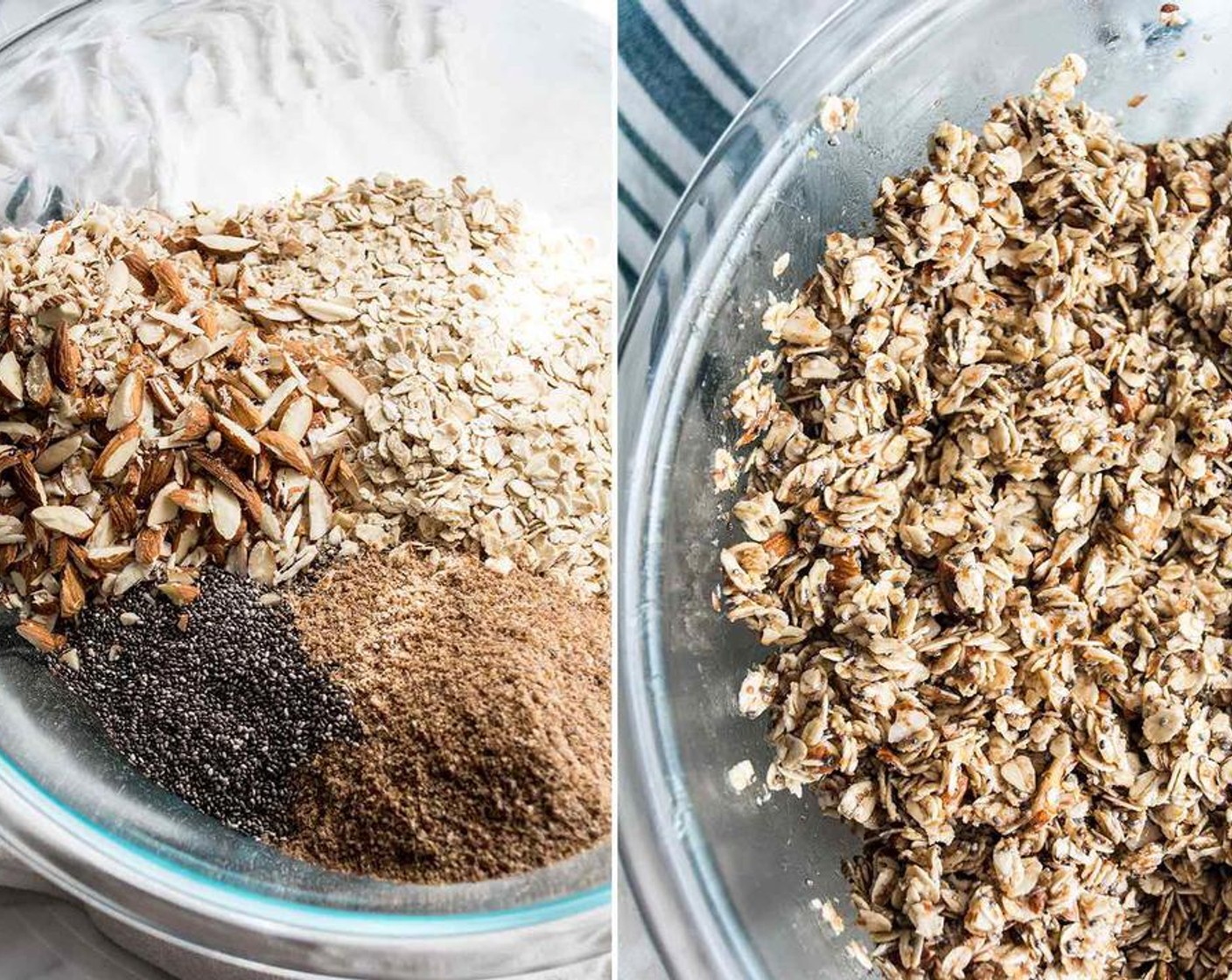 step 2 Mix Gluten-Free Oats (4 cups), Almonds (1 cup), Ground Flaxseed (1/2 cup), and Chia Seeds (4 Tbsp) in large bowl. Whisk zest and juice from Lemon (1/4), Coconut Oil (1/3 cup), Honey (2/3 cup), Vanilla Extract (1 tsp) in separate bowl, then add to oats mixture and toss until well combined.