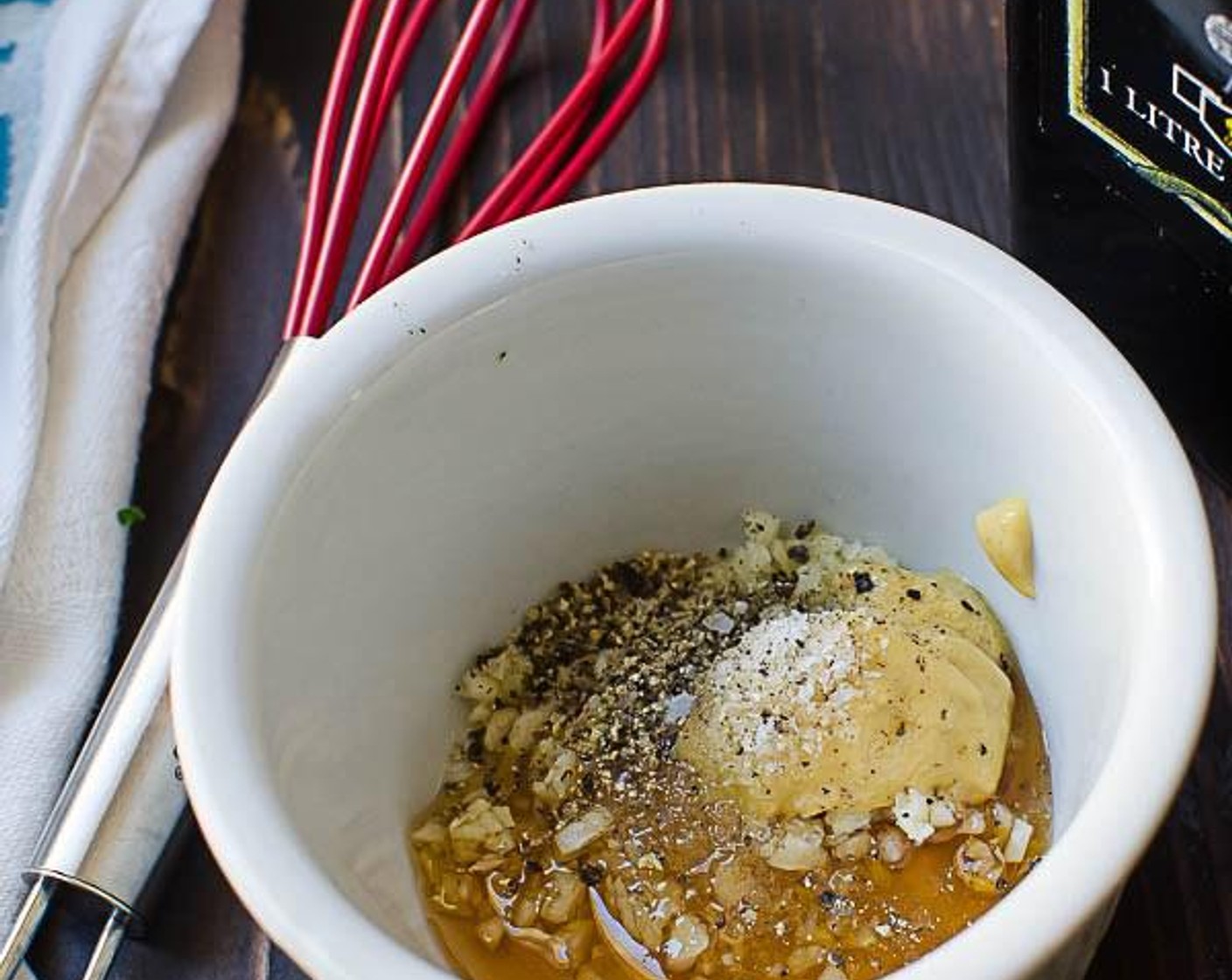 step 4 In a small bowl, combine the Dijon Mustard (3/4 tsp), Garlic (1 clove), Honey (1 tsp), Balsamic Vinegar (1 Tbsp), Olive Oil (3 Tbsp), Kosher Salt (1/2 tsp), and Freshly Ground Black Pepper (1/4 tsp). Whisk to emulsify.