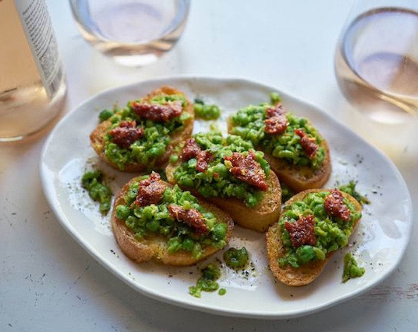 Crostini with Peas, Mint, and Nduja