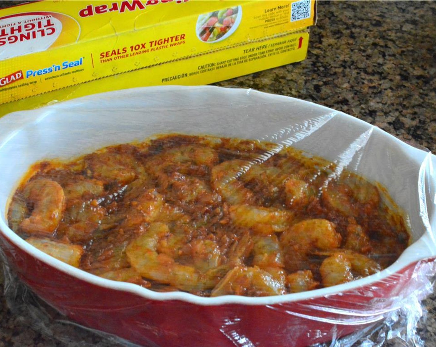 step 6 Pour the cooled sauce over the shrimp and mix them around to coat all the shrimp evenly. Cover the dish with plastic wrap and refrigerate for at least 4 hours.