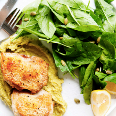Chicken with Pea Puree and Spinach Recipe | SideChef
