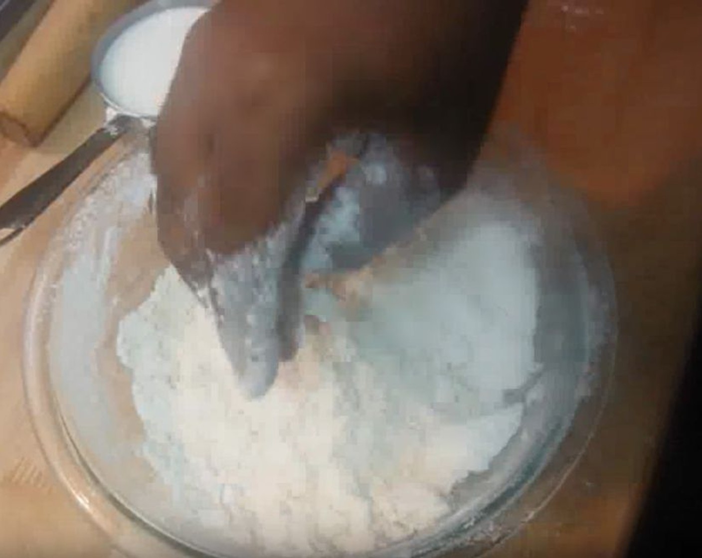 step 3 Add Butter (1/3 cup). Use a fork to mash the butter into the dry ingredients. Use your hands to crumble them together until the mixture forms small, coarse crumbs.