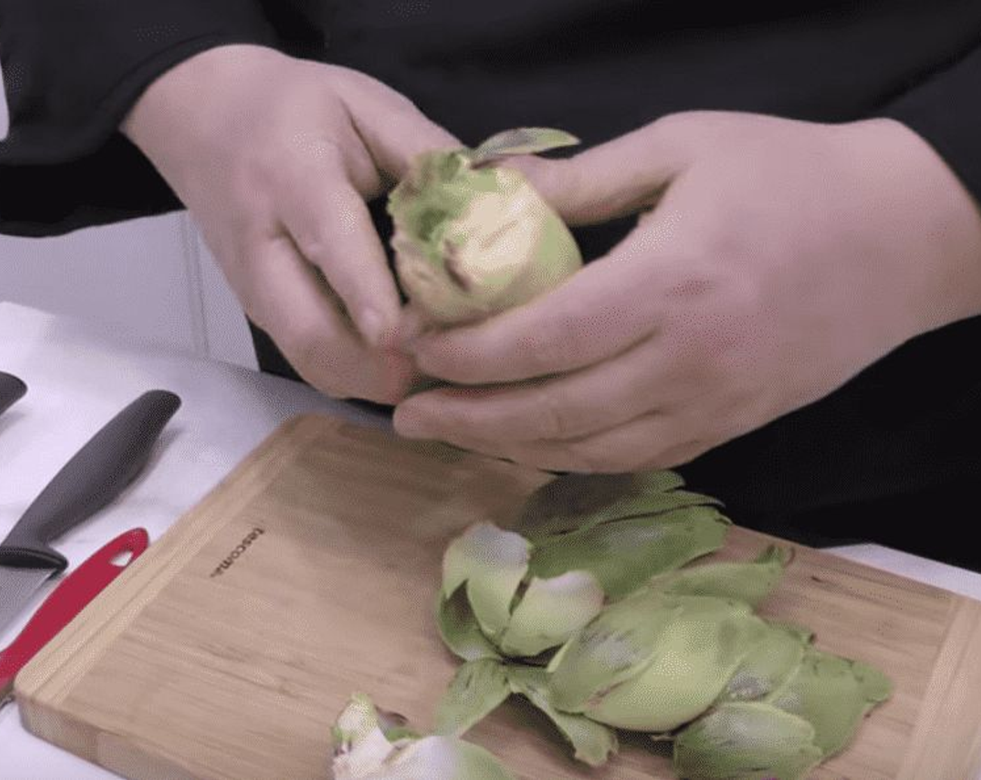 step 1 Peel the outer leaves off the Artichokes (6) until you get to the smooth center. Remove the stem and cut about 1 inch off the top.