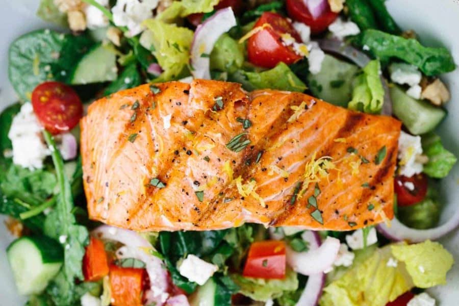 Salmon Greek Salad with Lemon Basil Dressing Recipe | SideChef