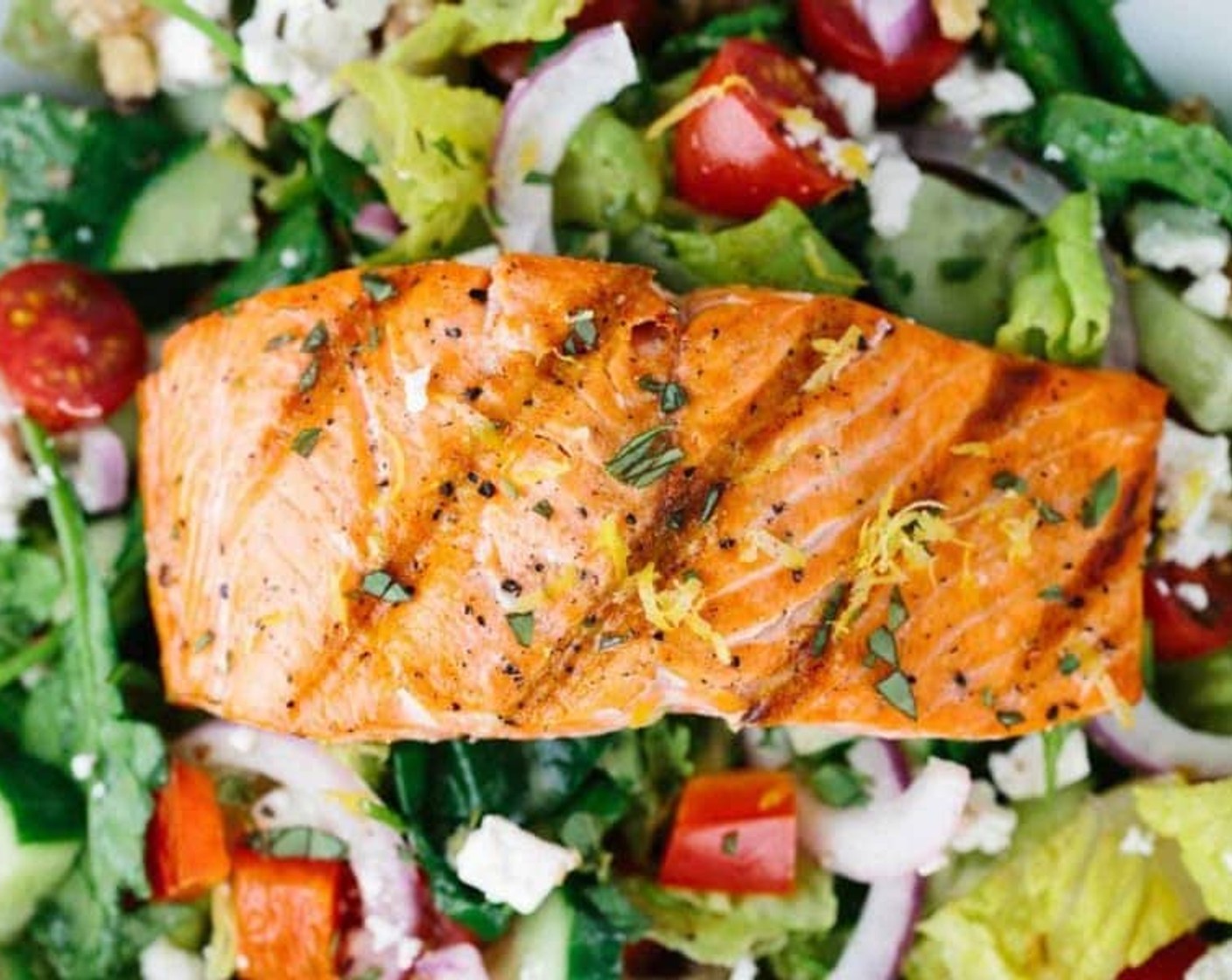 Salmon Greek Salad with Lemon Basil Dressing