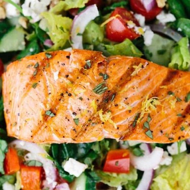 Salmon Greek Salad with Lemon Basil Dressing Recipe | SideChef