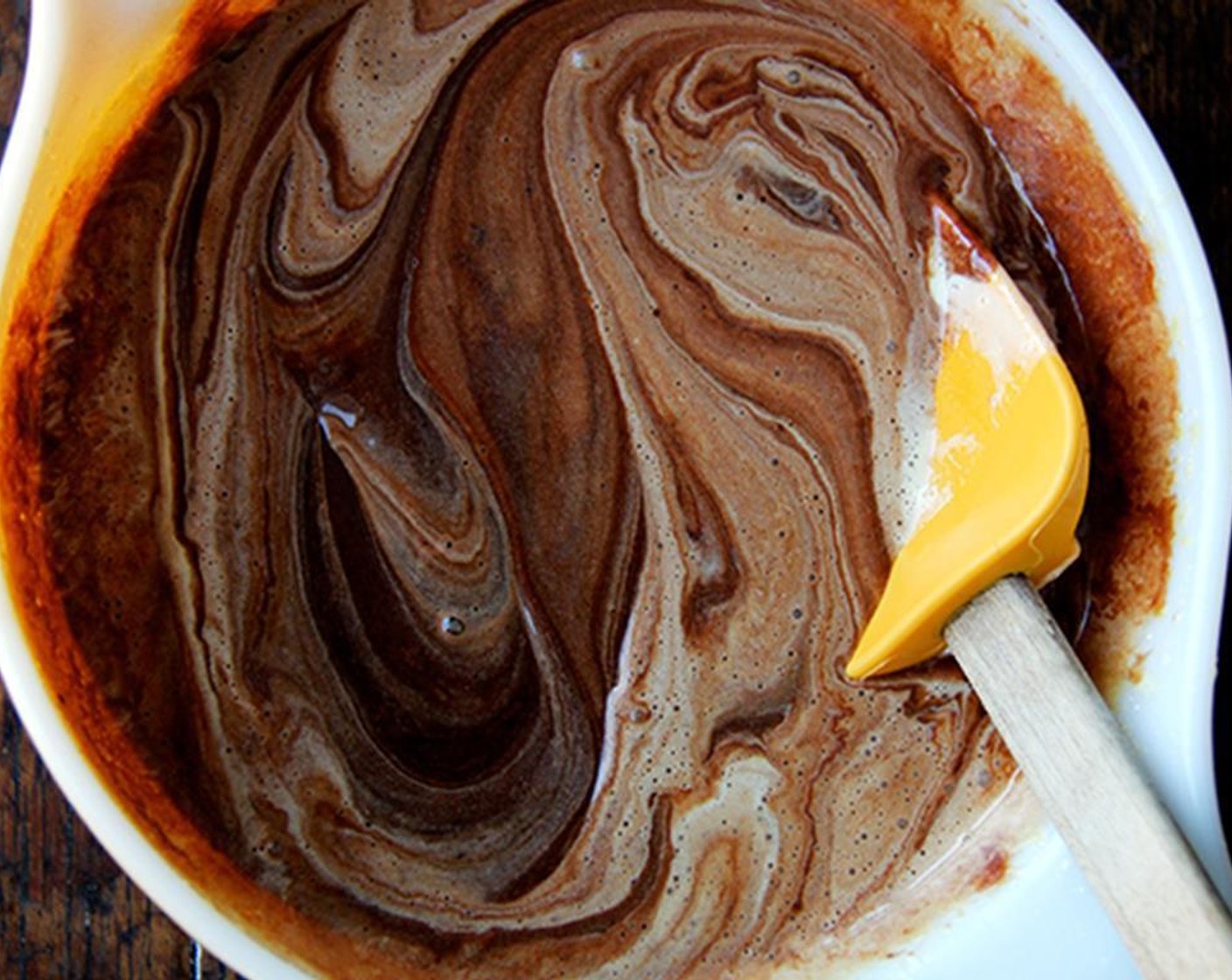 step 2 Heat a saucepan one-third full with hot water, and in a bowl set on top, melt together the Bittersweet Chocolate (1 1/3 cups), Unsalted Butter (3/4 cup) and the Dark Roast Coffee (1/4 cup) stirring over the barely simmering water, until smooth. Remove from heat.