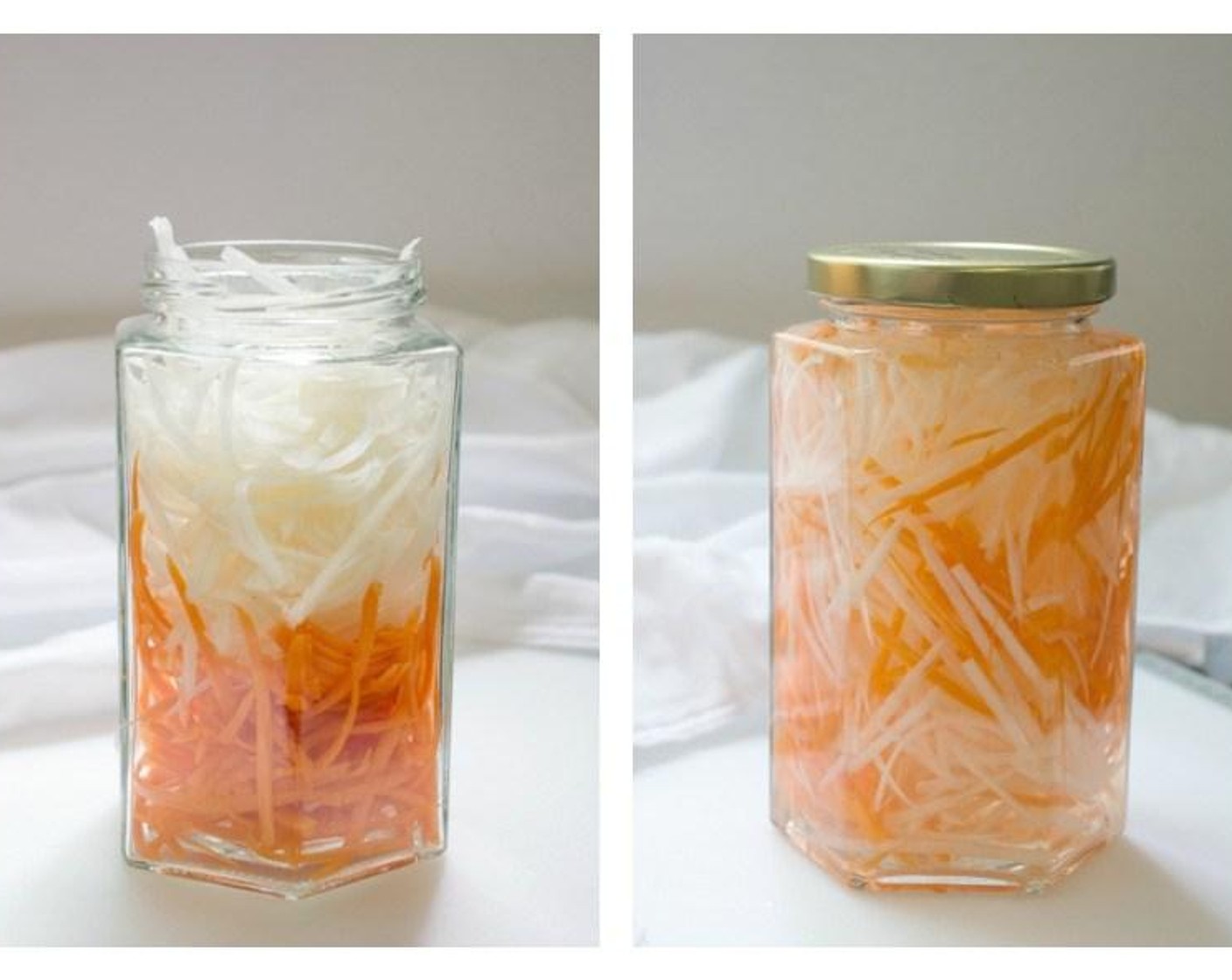 step 1 Put Carrot (1 cup), Daikon Radish (1 cup), Distilled White Vinegar (1 cup), Water (3/4 cup), Granulated Sugar (1/4 cup) into a jar, put the lid on tightly, then shake the jar gently to combine the ingredients. Allow brining in the fridge for at least an hour, or up to 1 month.