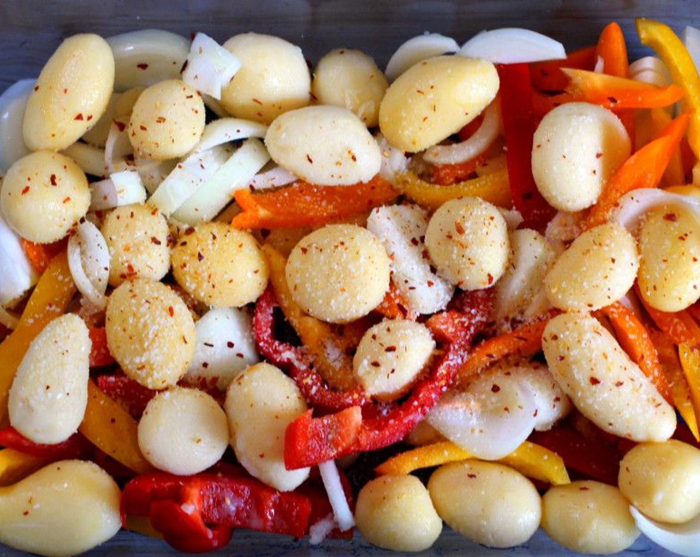 step 3 Add Potatoes (1.3 lb), Onions (2), Red Bell Pepper (1), and Yellow Bell Pepper (1).