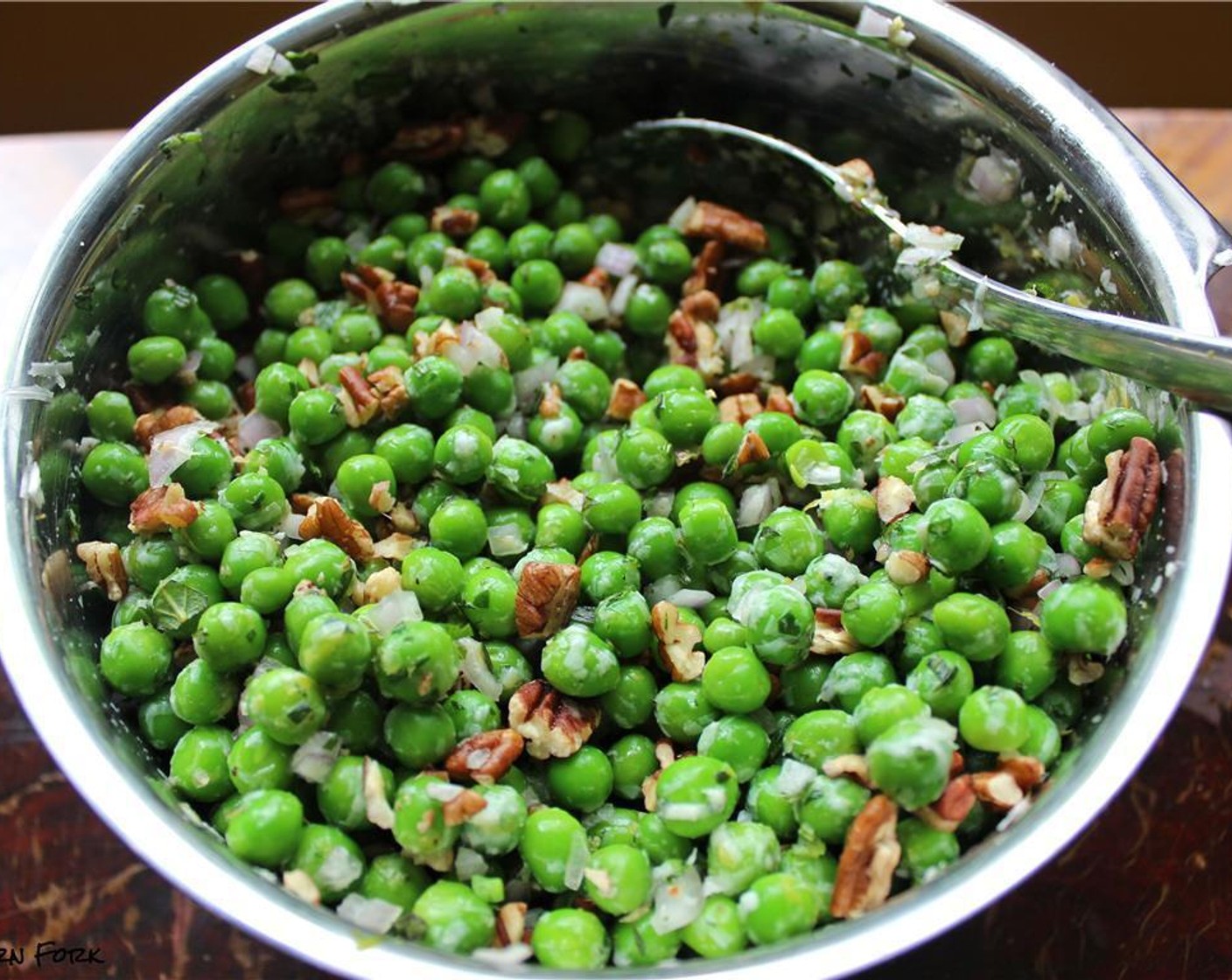 step 5 To a bowl, mix minced shallot, remaining peas, pea puree, parmesan, pecans (1) and remaining herbs. Salt and pepper again to taste.