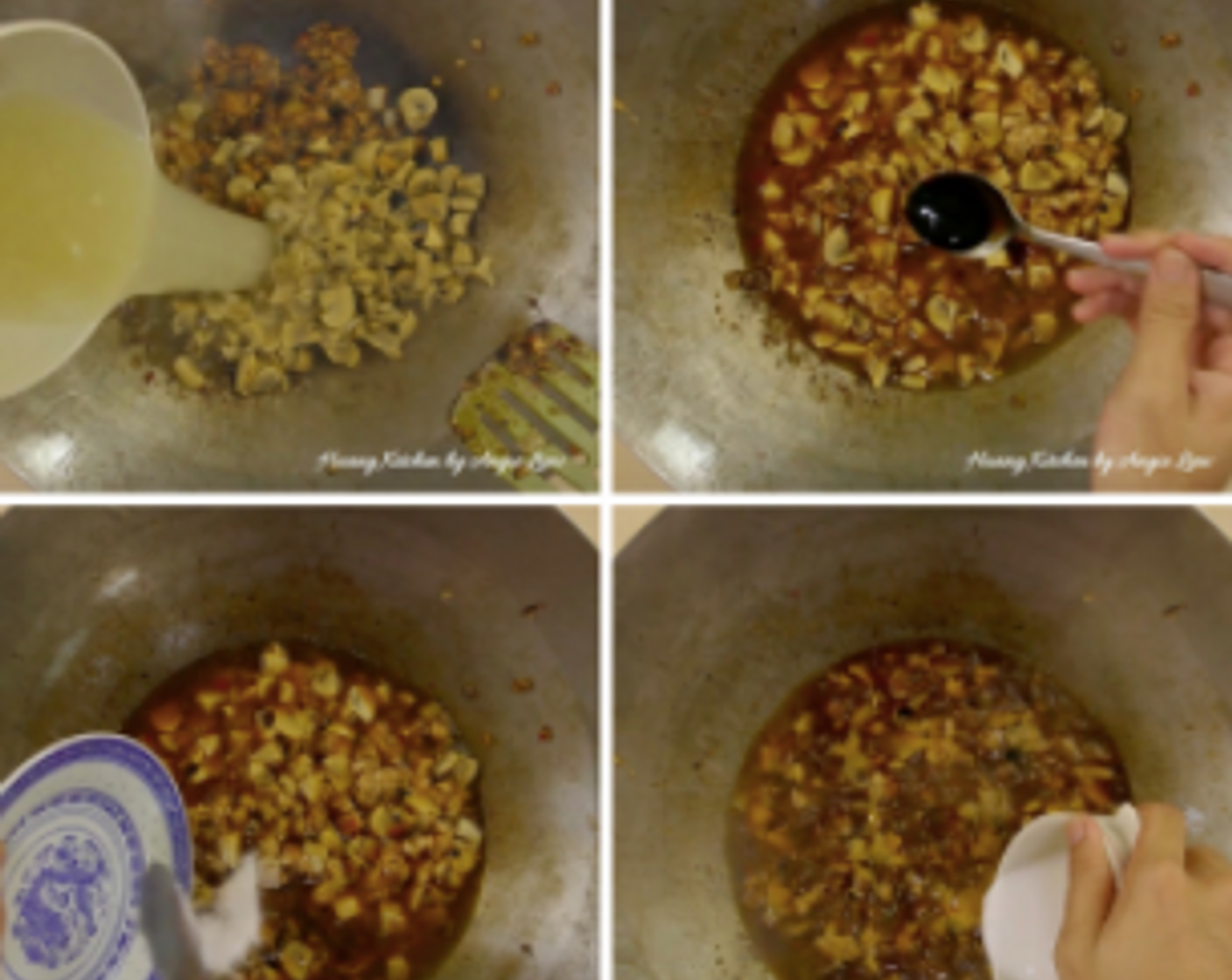 step 5 Next, add in Chicken Stock (1 1/4 cups) and Soy Sauce (1/2 Tbsp), Dark Soy Sauce (1/2 Tbsp), Granulated Sugar (1/2 Tbsp), Corn Starch (1/2 Tbsp) and Ground White Pepper (1/4 tsp). Bring the stock mixture to a boil.