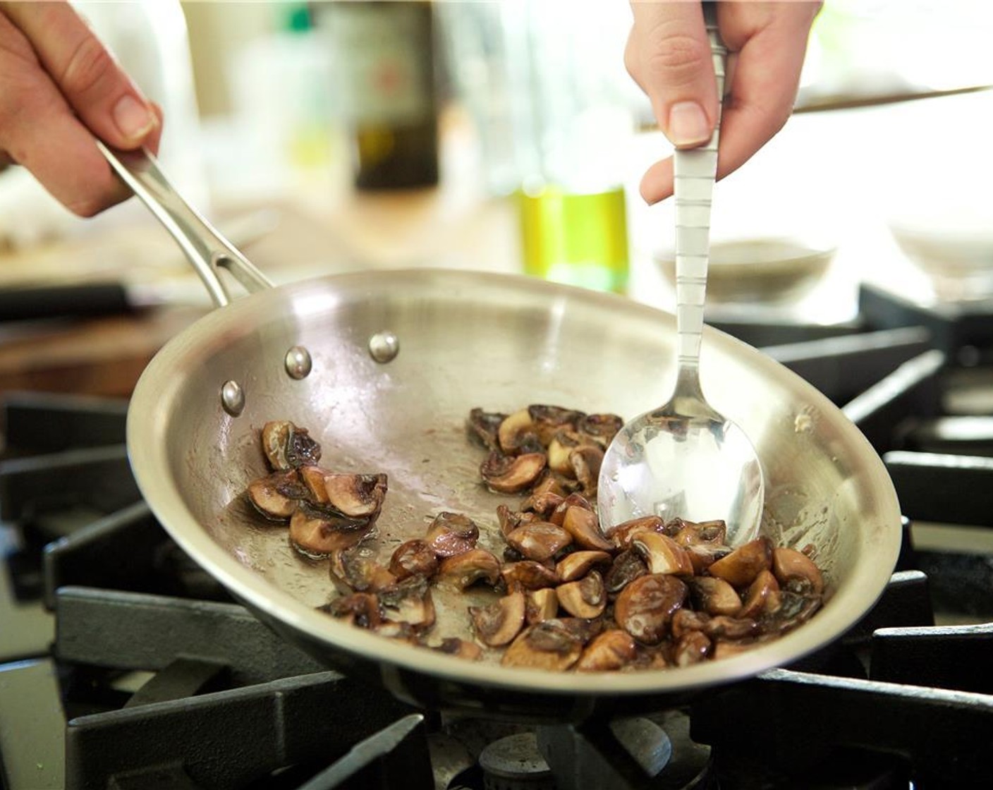 step 9 Heat a small saute pan over medium heat with Olive Oil (1 tsp). Add mushrooms to pan and cook until tender, about two minutes.