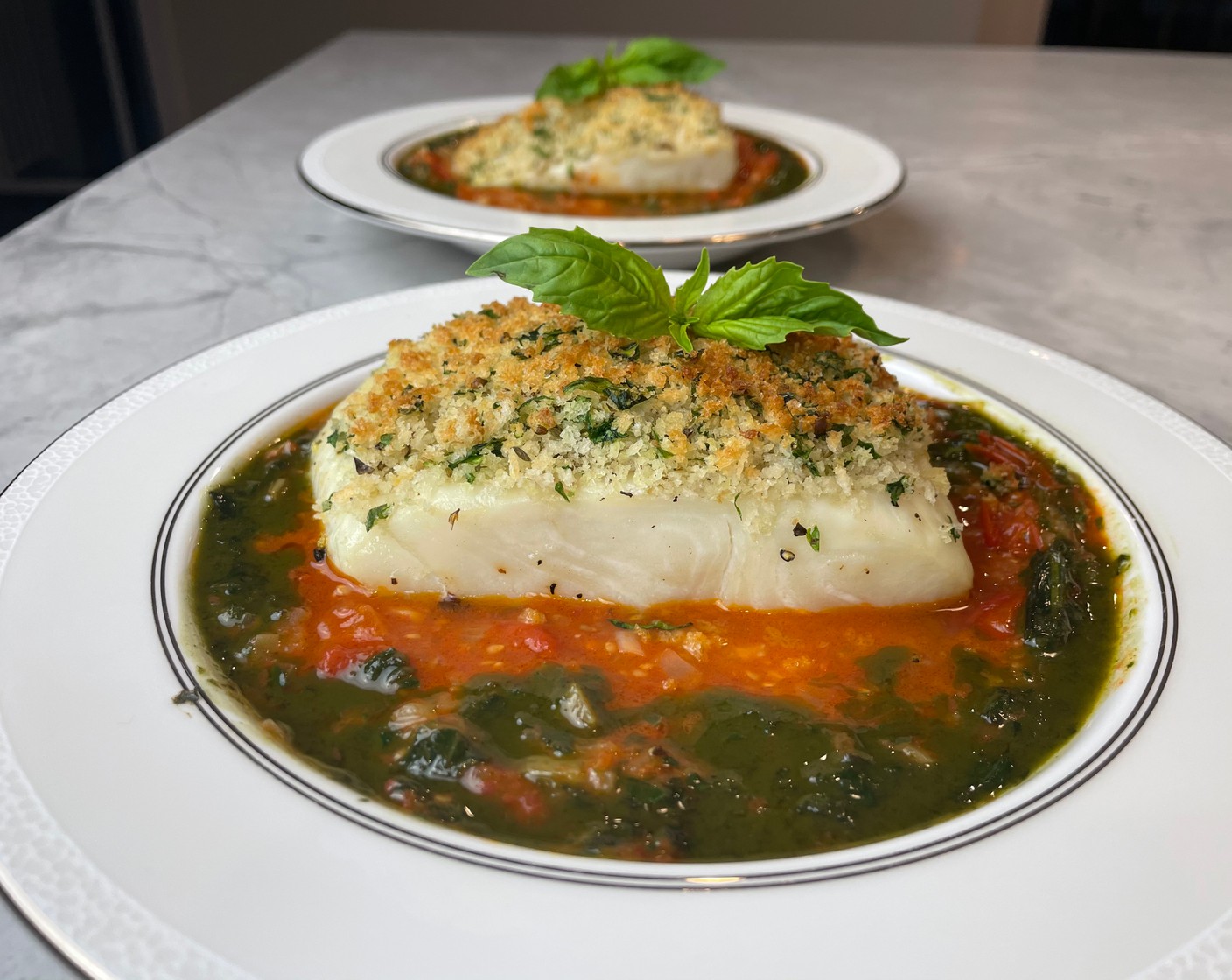 Panko Crusted Halibut in a Tomato, Fennel, Basil Sauce