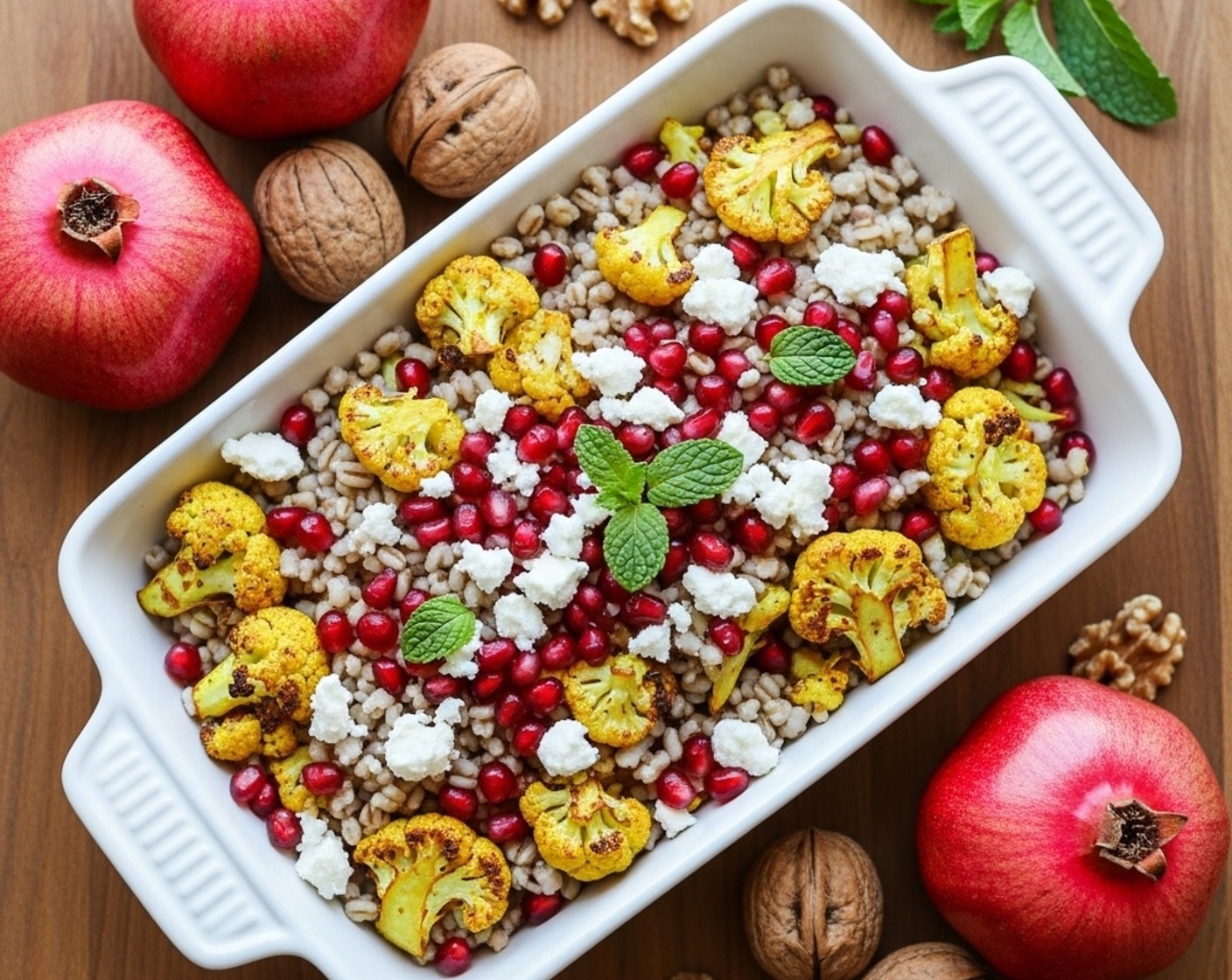 step 4 Combine the roasted cauliflower and barley into a large serving dish. Crack a few Walnuts (4) and deseed one Pomegranate (1). Add them to the barley and cauliflower together with some Feta Cheese (1/2 cup).