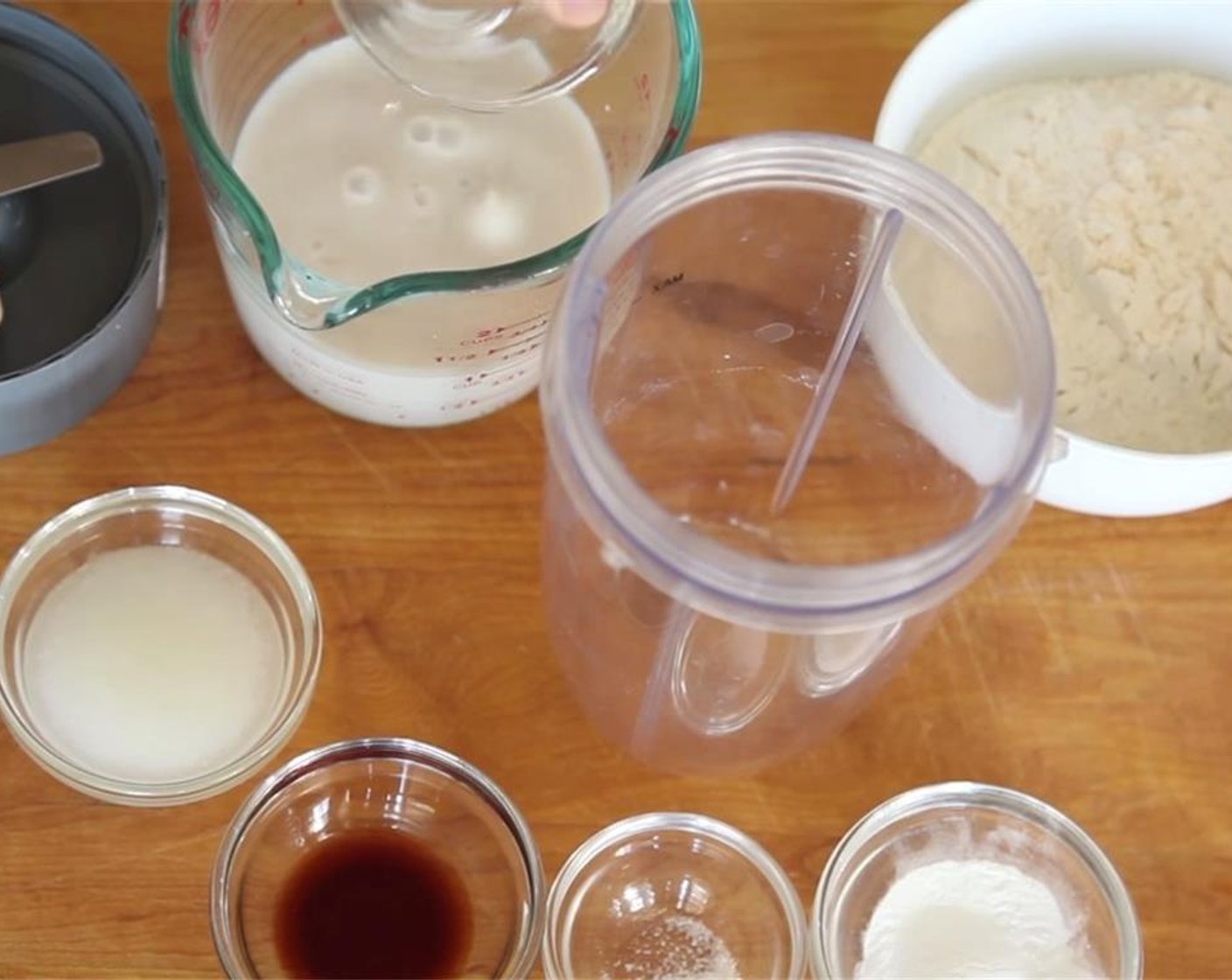 step 1 Combine your Unbleached All Purpose Flour (1 1/4 cups), Vanilla Extract (1/2 tsp), Baking Powder (1/2 Tbsp), and Salt (1/4 tsp) in a bowl and whisk to remove any clumps.