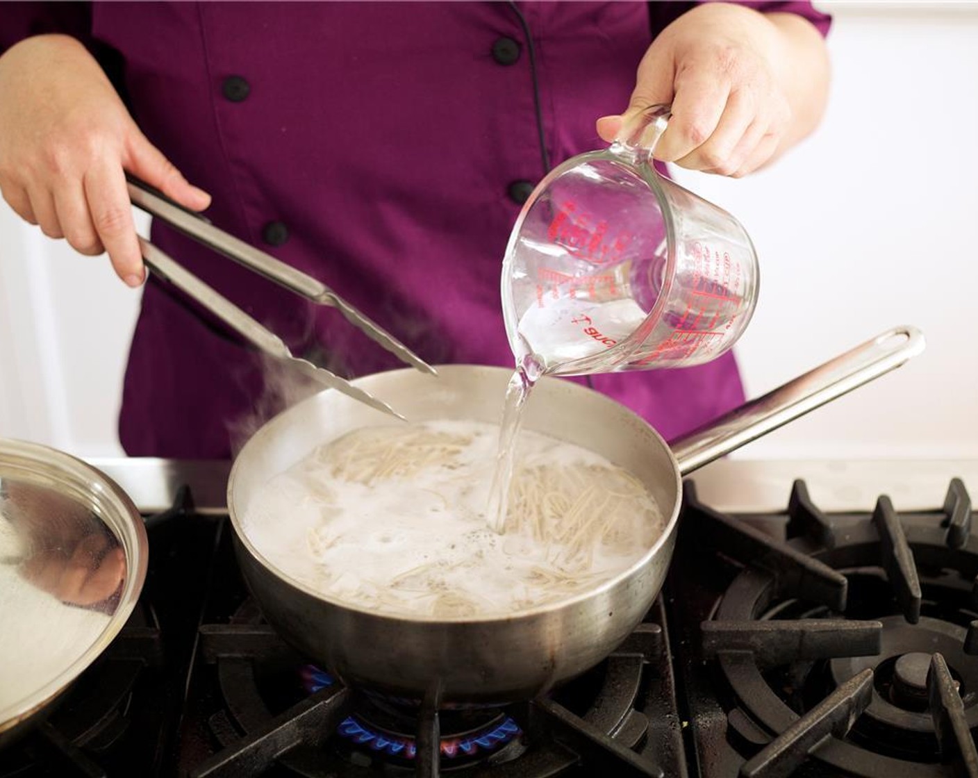 step 7 Add the Soba Noodles (8 oz) to the boiling water. Stir and bring the water back to a boil. Add one cup of cold water to the pot and cook another six minutes until tender.