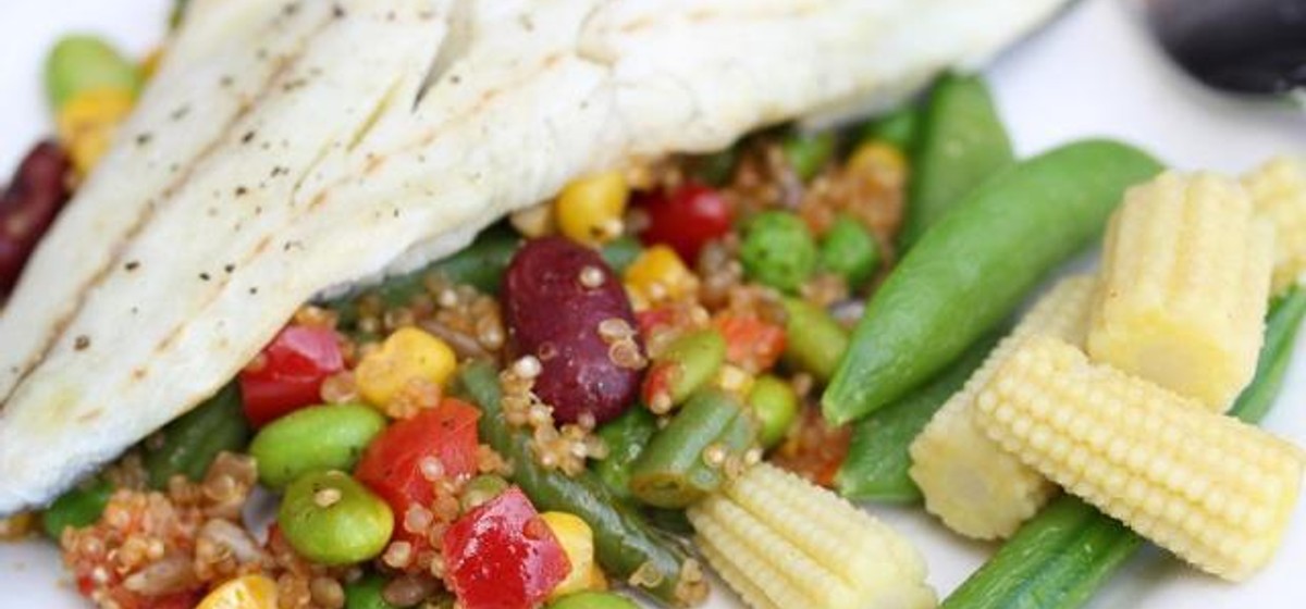 Zesty Bean Quinoa and Poached Sea Bass Recipe | SideChef