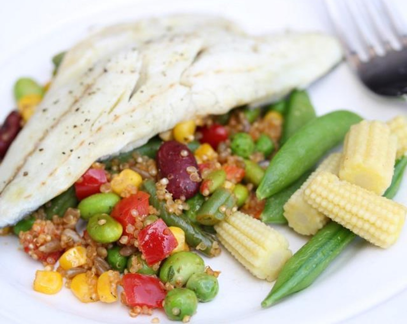 Zesty Bean Quinoa and Poached Sea Bass