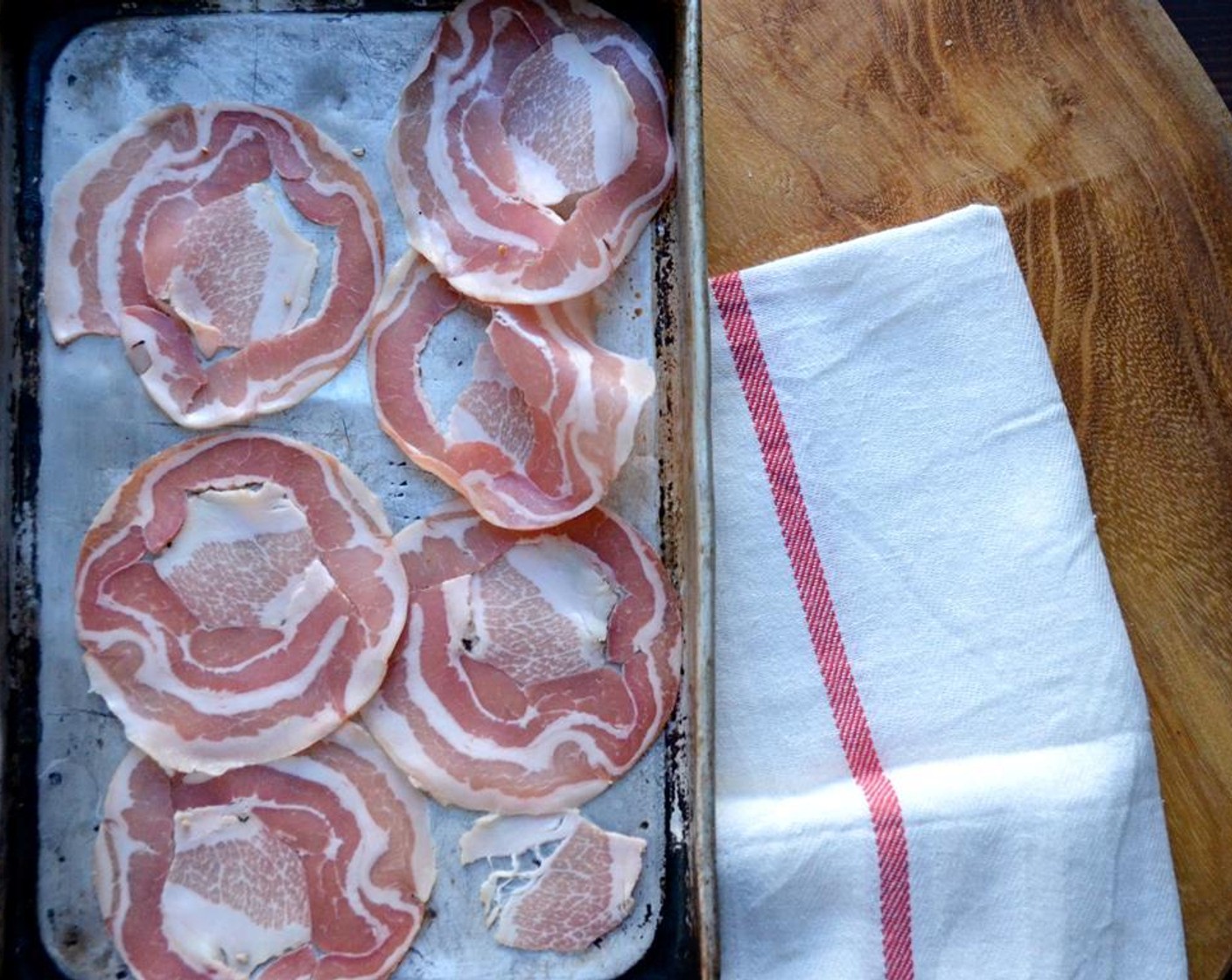 step 9 Meanwhile, prepare the toppings. Separate the Pancetta (1 cup) slices so they are easily accessible (they tend to stick).