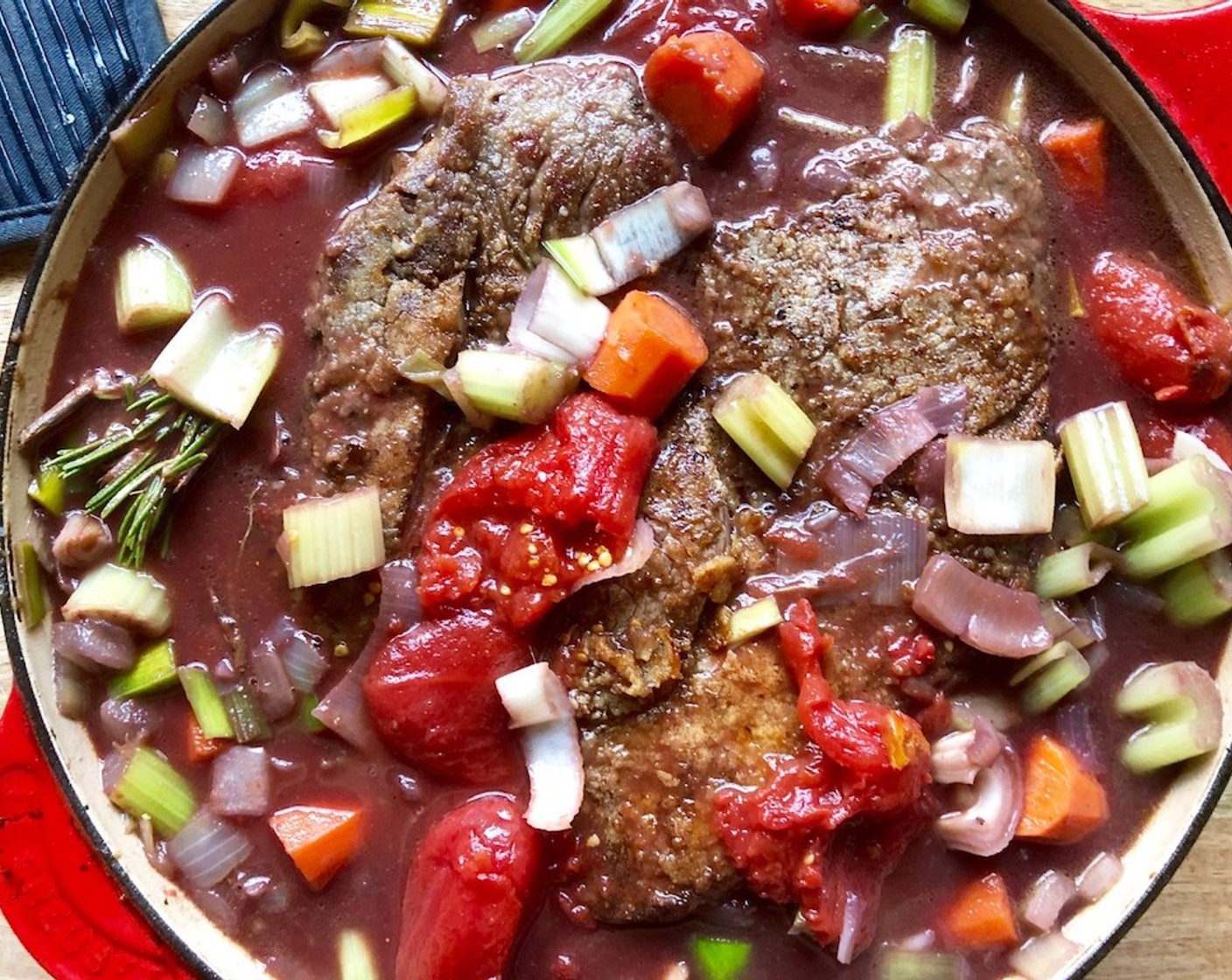 step 8 Put the browned roast back into the pot, bring to a boil, and cover. Place the covered Dutch oven in the oven for a total of 2 1/2 hours, until the meat is fork-tender or about 160 degrees F (70 degrees C) internally. After the first hour, turn the heat down to 250 degrees F (120 degrees C) to keep the sauce at a low simmer.