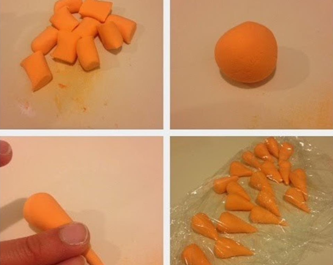 step 4 Shape the orange fondant into a rope and cut it evenly, roll each piece into a ball. Use two fingers to gently roll out the ball and create the pointy end like carrot. Cover the fondant once your finished shaping it.