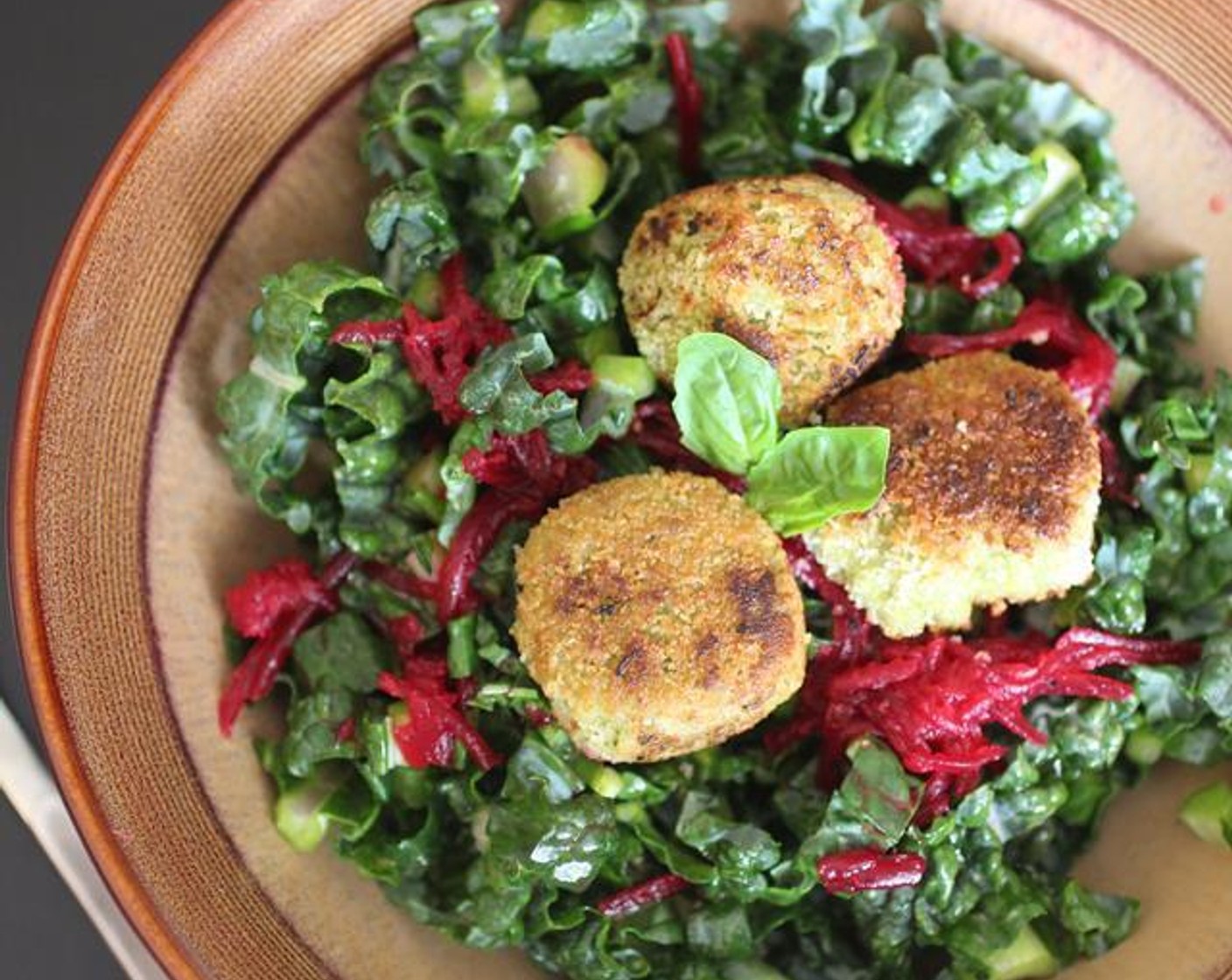 Fried Cashew Cheese Kale Salad with Pickled Beets