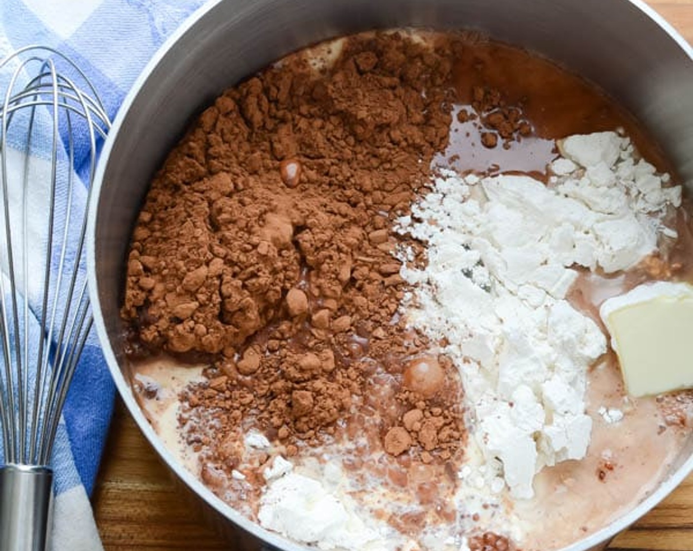 step 1 In a medium saucepan, blend Granulated Sugar (2 cups), All-Purpose Flour (1/3 cup), Salt (1/2 tsp), Instant Espresso Powder (1 Tbsp), and Unsweetened Cocoa Powder (2/3 cup). Add Evaporated Milk (1 can), Water (1/2 cup), and Butter (2 Tbsp).
