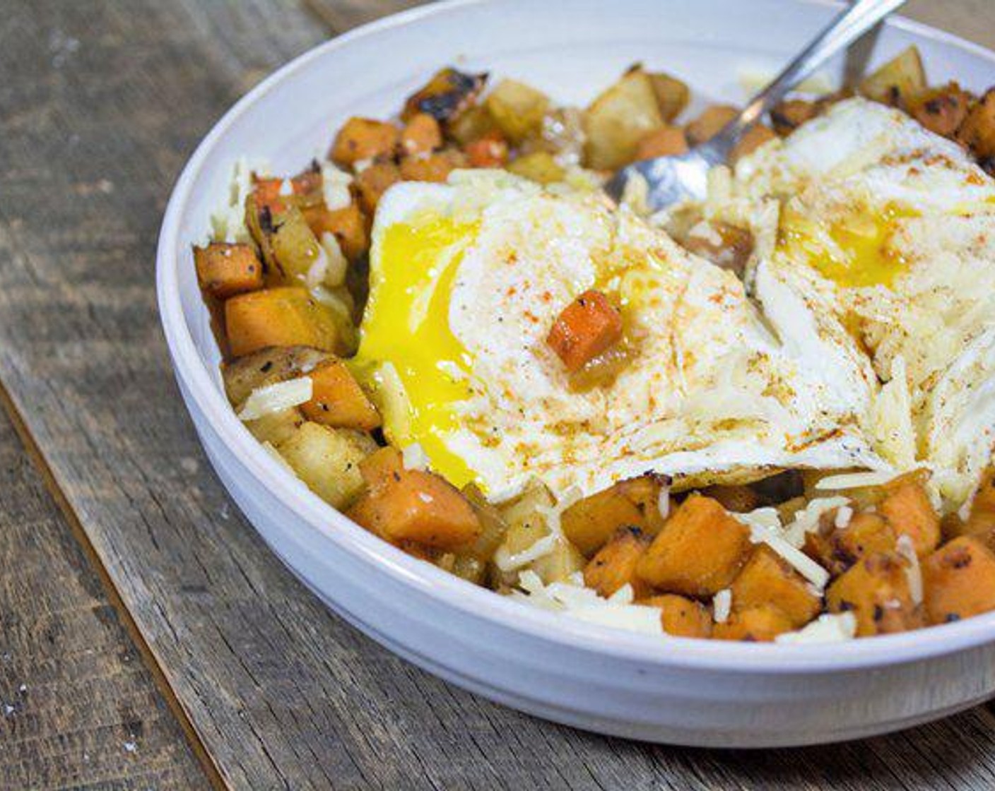 Root Vegetable Hash with Eggs and Aged Cheddar