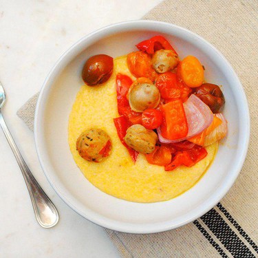 Sheet Pan Sausage & Peppers over Cheesy Polenta Recipe | SideChef
