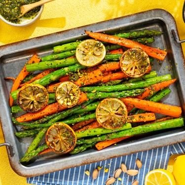Roasted Carrot and Asparagus with Pistachio Pesto Recipe | SideChef