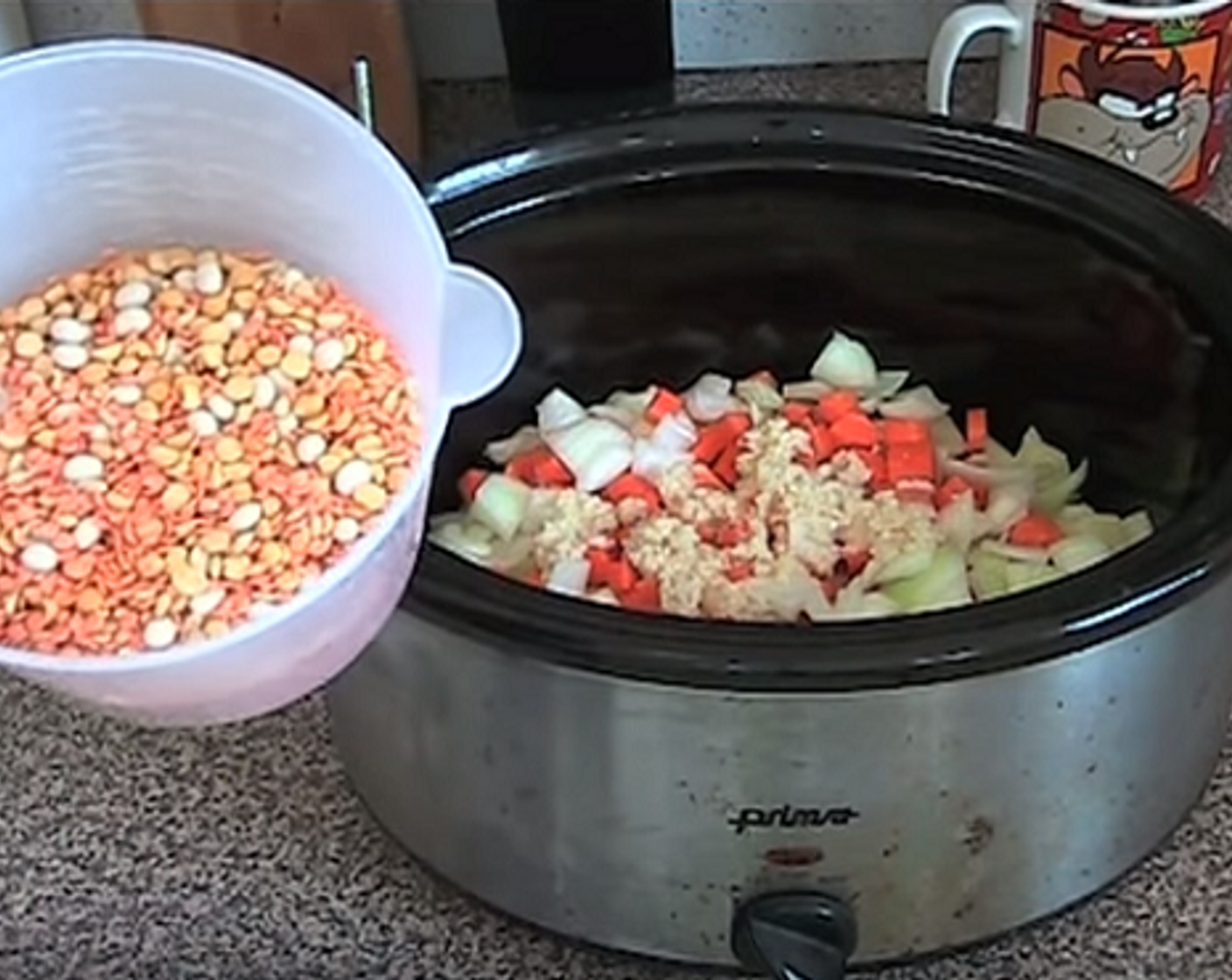 step 1 To the slow-cooker basin, throw in the Potatoes (2), Carrot (1), Yellow Onion (1), Garlic (2 cloves), and Whole Grains Soup Mix (2 cups).