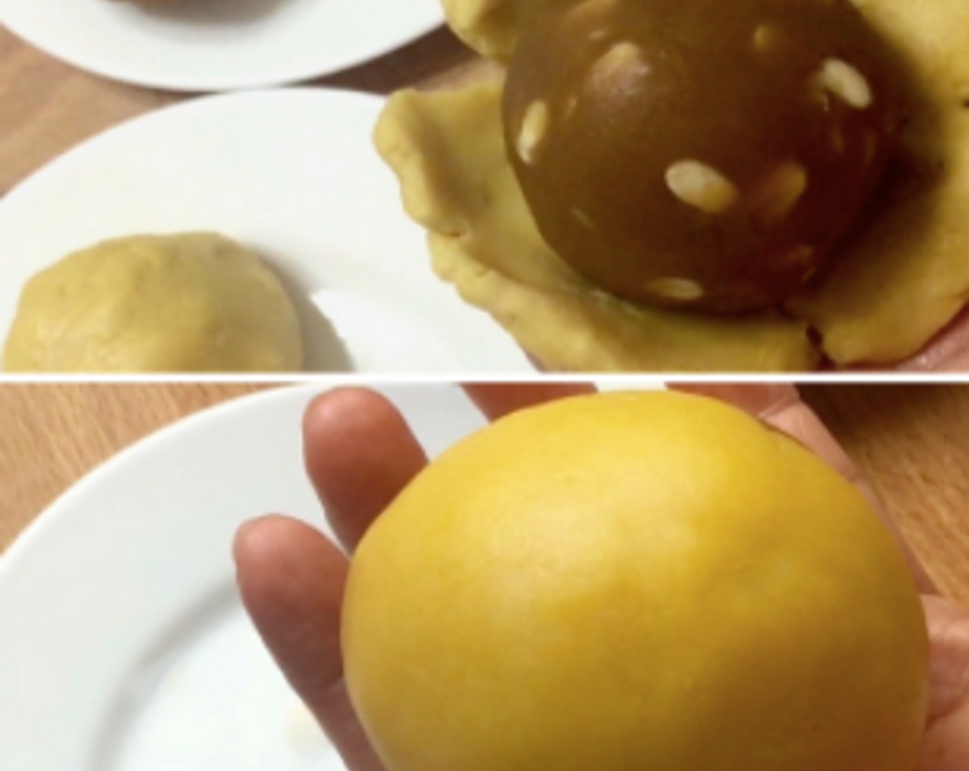 step 9 To assemble the mooncakes, first flatten the soft pastry dough and wrap around the lotus paste ball. Gently push, press and squeeze the dough, holding the ball securely in your palm, until the dough skin gradually covers the lotus paste ball. Roll into a ball. Repeat this step to finish the remaining dough skin and lotus paste balls.