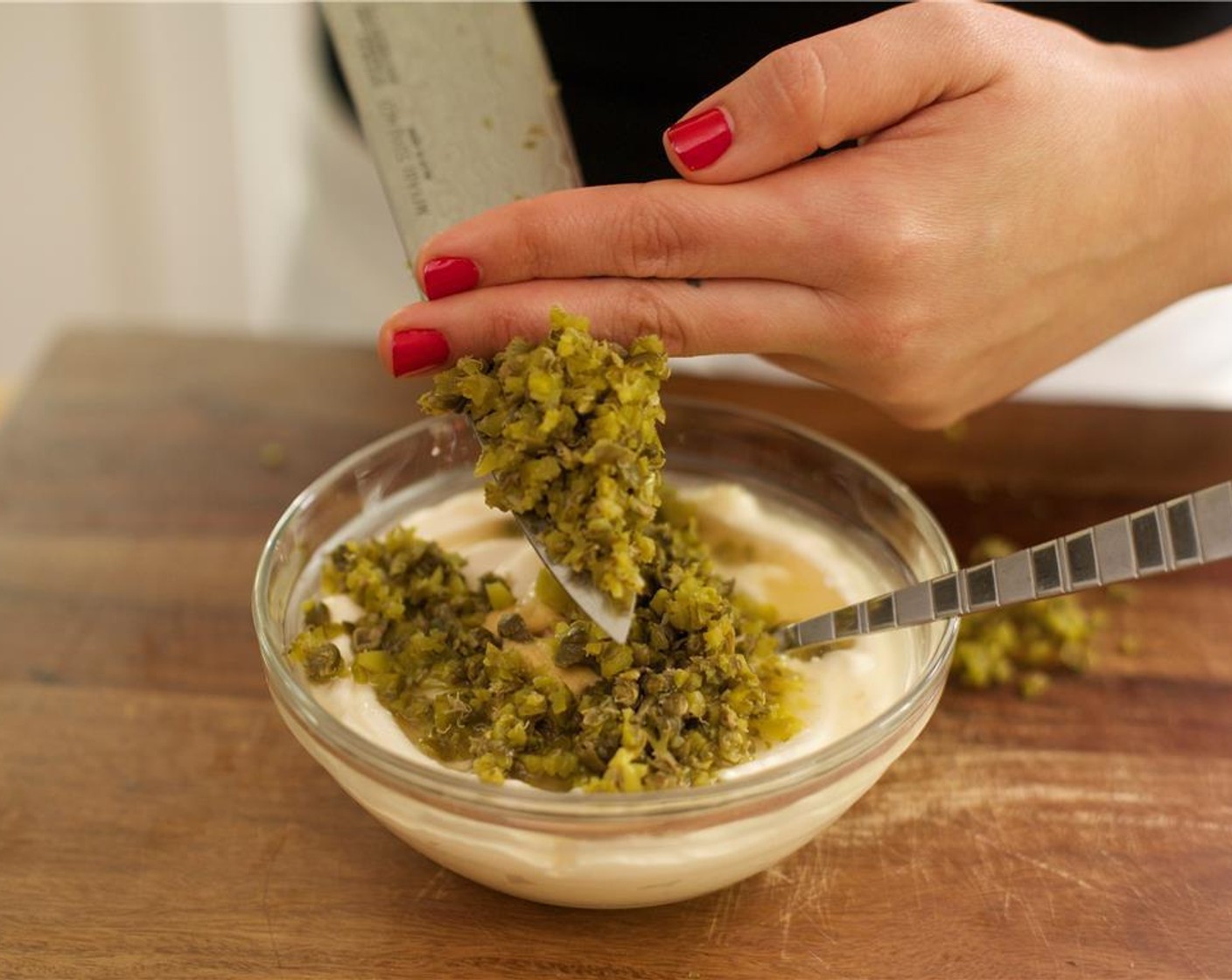 step 5 In a bowl, combine Mayonnaise (3/4 cup), Dijon Mustard (2 Tbsp), Champagne Vinegar (1 Tbsp), pickles and capers. Stir until well blended and place in fridge until plating.