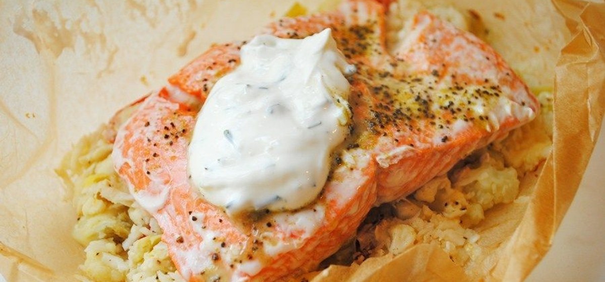 Salmon in Parchment with Greek Cauliflower Rice Recipe | SideChef