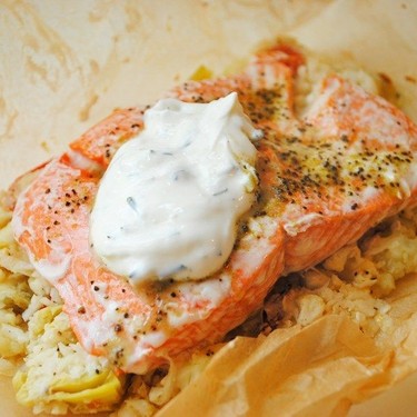 Salmon in Parchment with Greek Cauliflower Rice Recipe | SideChef