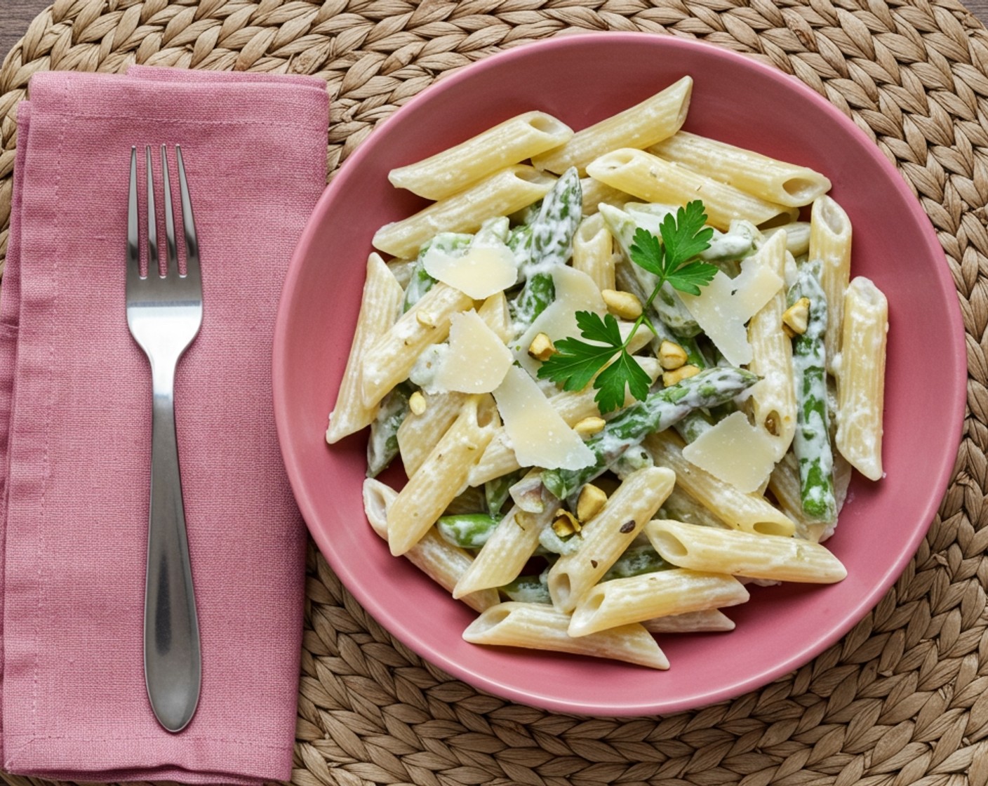 step 4 When pasta is ready, drain it and dress it with the pesto. Add the tips of asparagus, Grated Parmesan Cheese (1 tsp), and some fresh parsley leaves. Serve it up immediately.