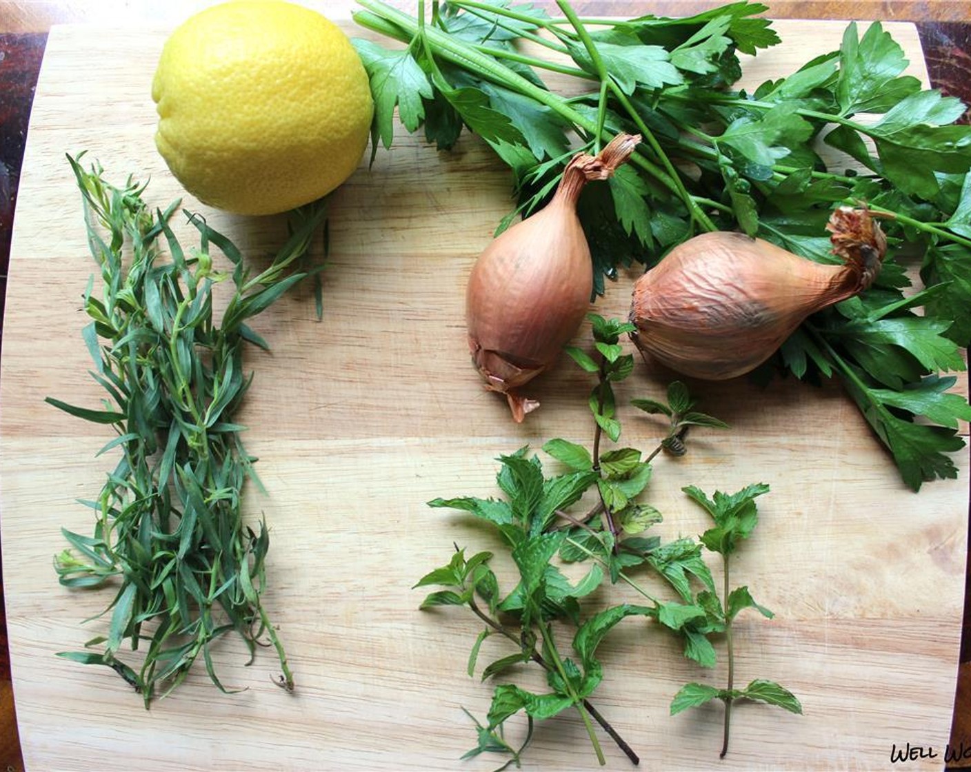 step 1 Mince the Shallot (1). Chop the Fresh Parsley (2 Tbsp), Fresh Mint (1 Tbsp) and Tarragon (2 Tbsp). Juice the Lemon (1). Chop the Roasted Pecans (1/2 cup).