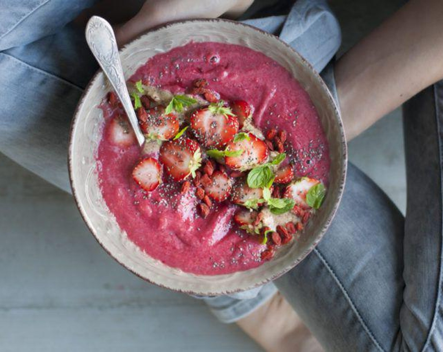 step 2 Top the smoothie with Fresh Mixed Berries (to taste), Almond Butter (to taste), and Chia Seeds (to taste).