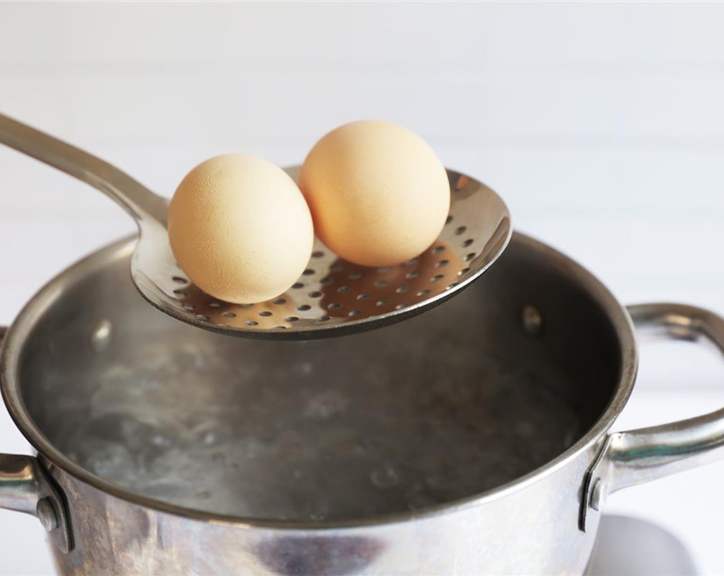 step 2 Reduce water to a rapid simmer. Carefully place Eggs (2) in the water.