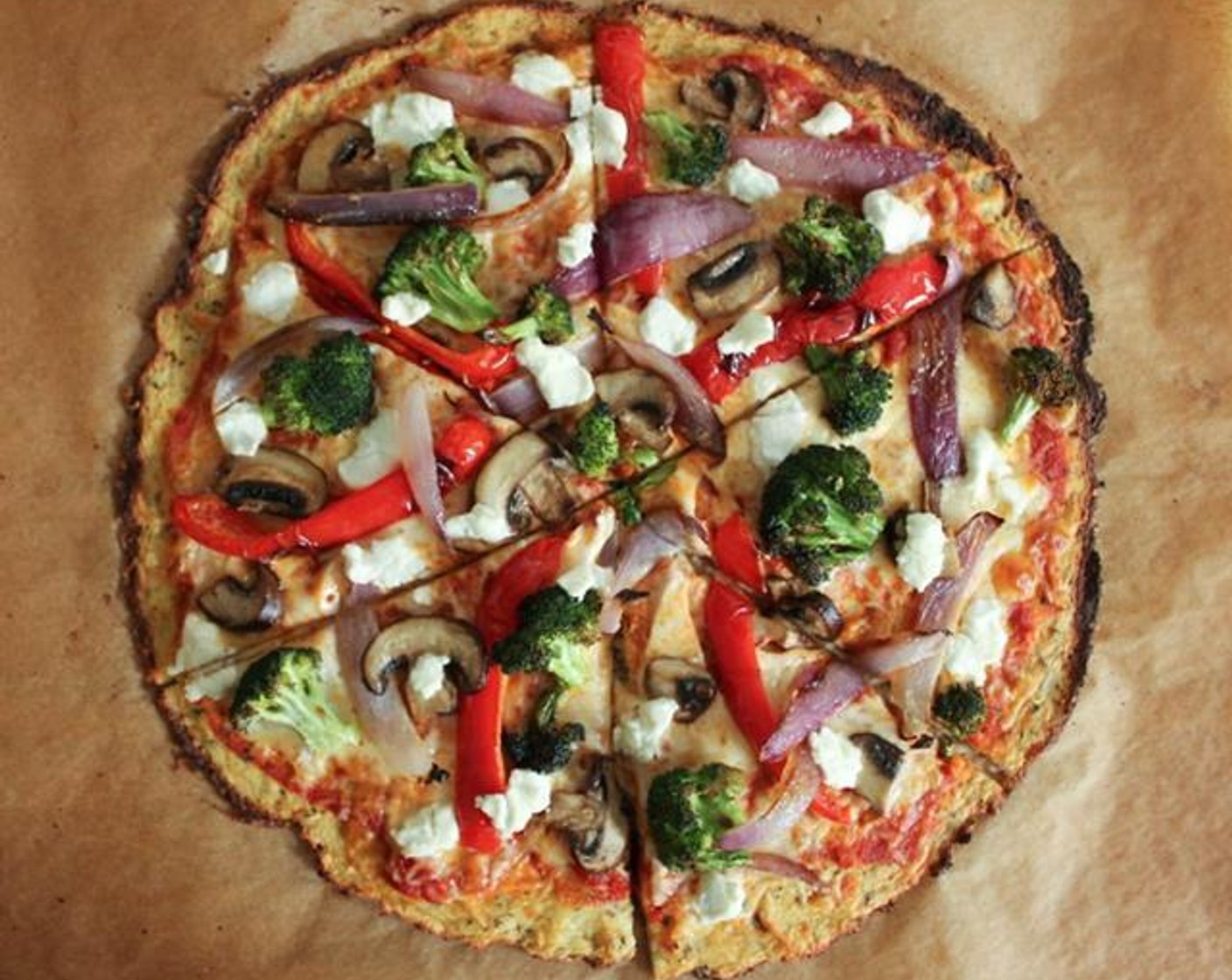 Cauliflower Pizza Crust, Goat Cheese & Vegetables