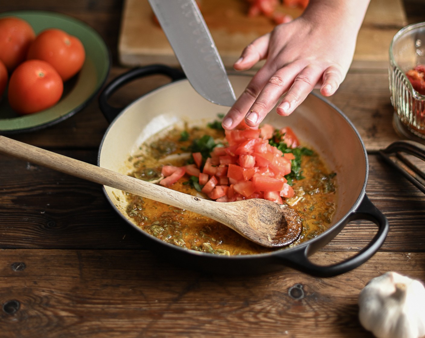 step 10 Add in the Tomatoes (5) and cook until soft for a few minutes. Pour in the White Wine (1/4 cup) and cook for 1 minute.