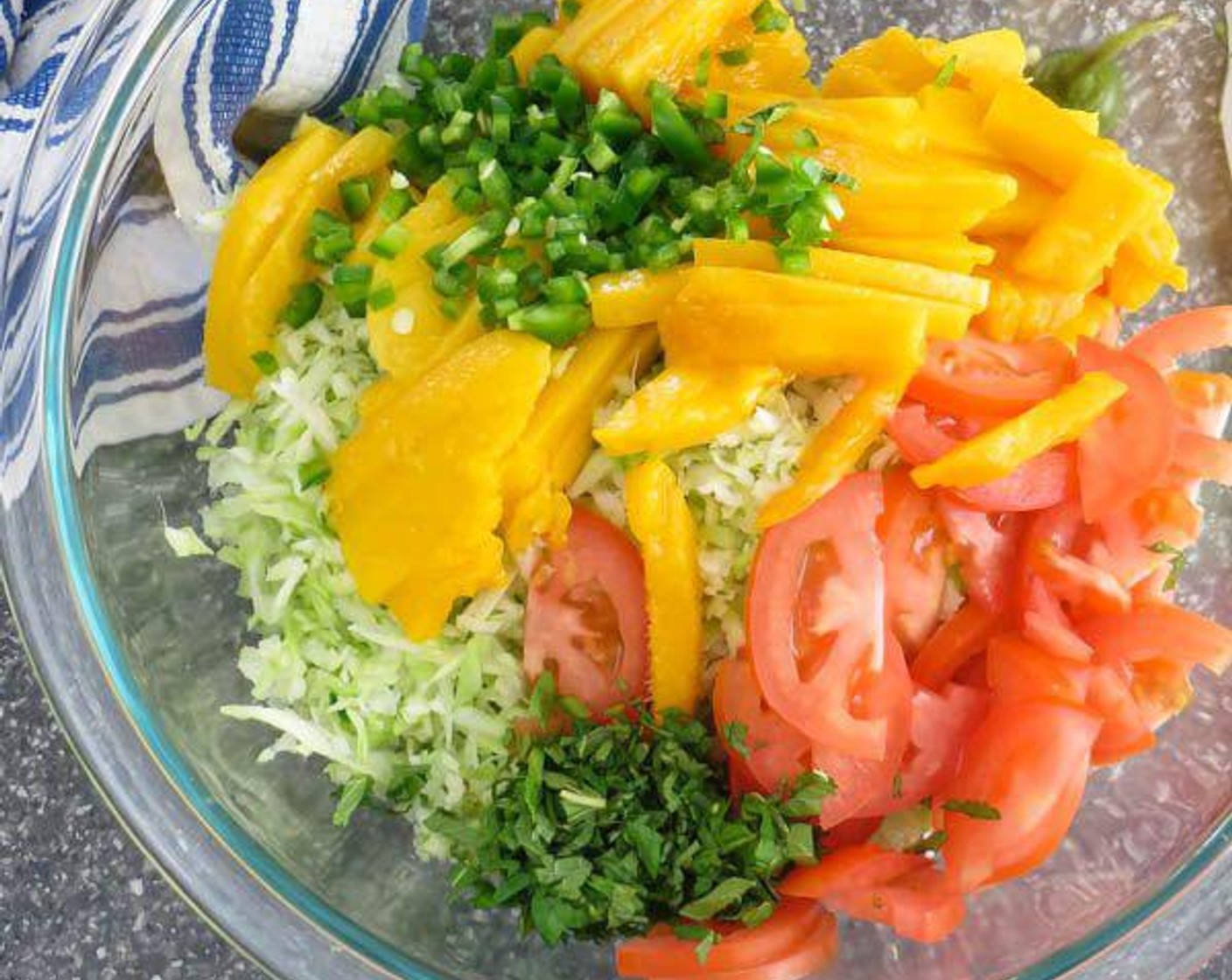 step 2 To make the salad, combine Green Cabbage (8 oz), Plum Tomato (1), Mango (1), Fresh Mint Leaves (1 Tbsp), Black Sesame Seeds (1 tsp), and Jalapeño Pepper (1) in a large bowl. Toss. Cover and chill.