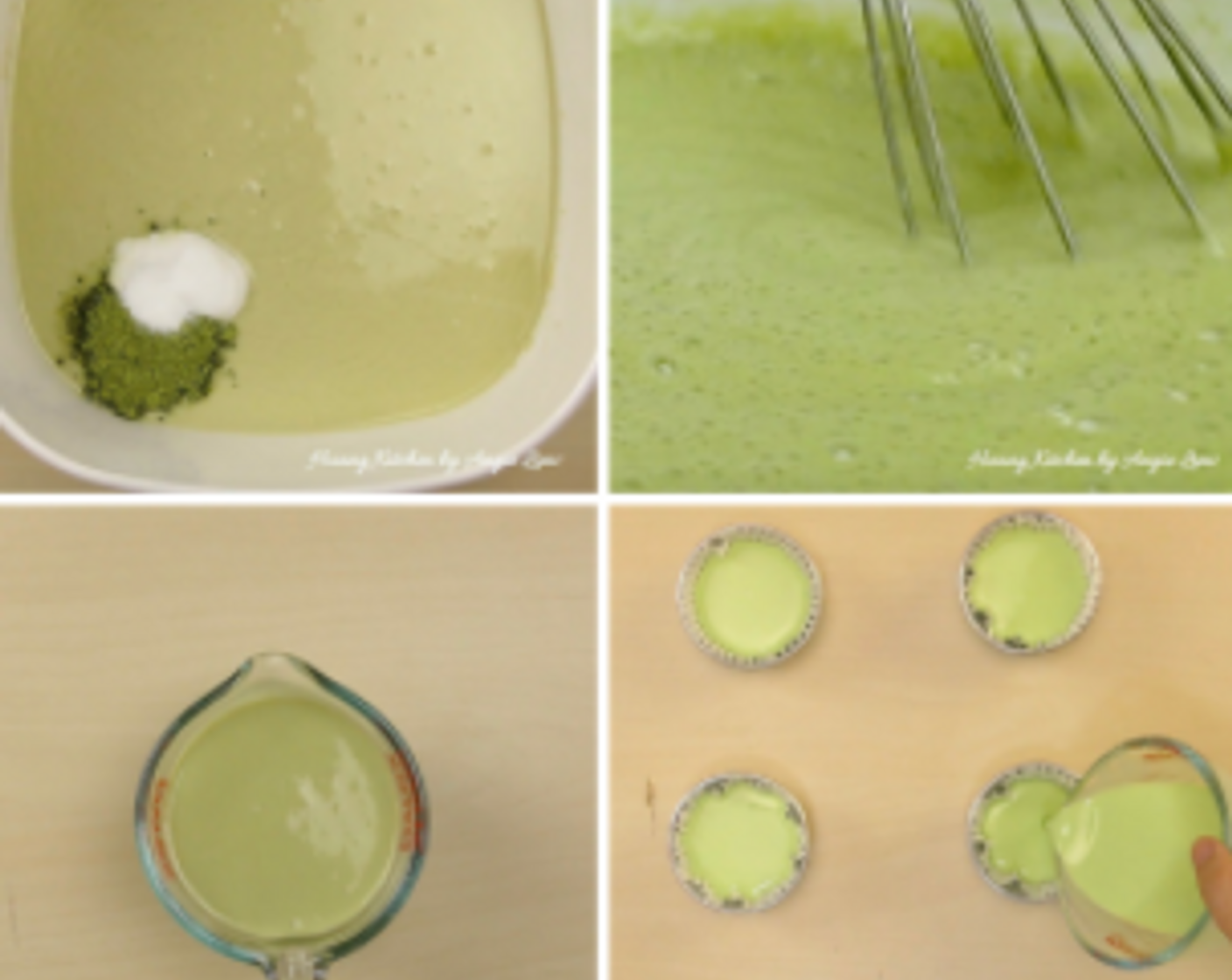 step 10 After fermenting for 11 hours, add in Matcha Powder (1 Tbsp) and Fruit Salt (2 tsp). Stir to mix well. Immediately transfer the matcha batter into a measuring cup for ease of pouring into steaming cups. Pour batter into lined steaming cups until 90% full.