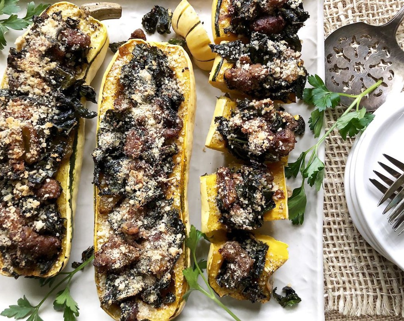 step 5 Spoon sausage mixture evenly into squash halves. Sprinkle the Panko Breadcrumbs (2 Tbsp) and Ground Nutmeg (1/4 tsp) evenly over the sausage mixture. Bake for 10 minutes or until squash is tender and topping is golden.