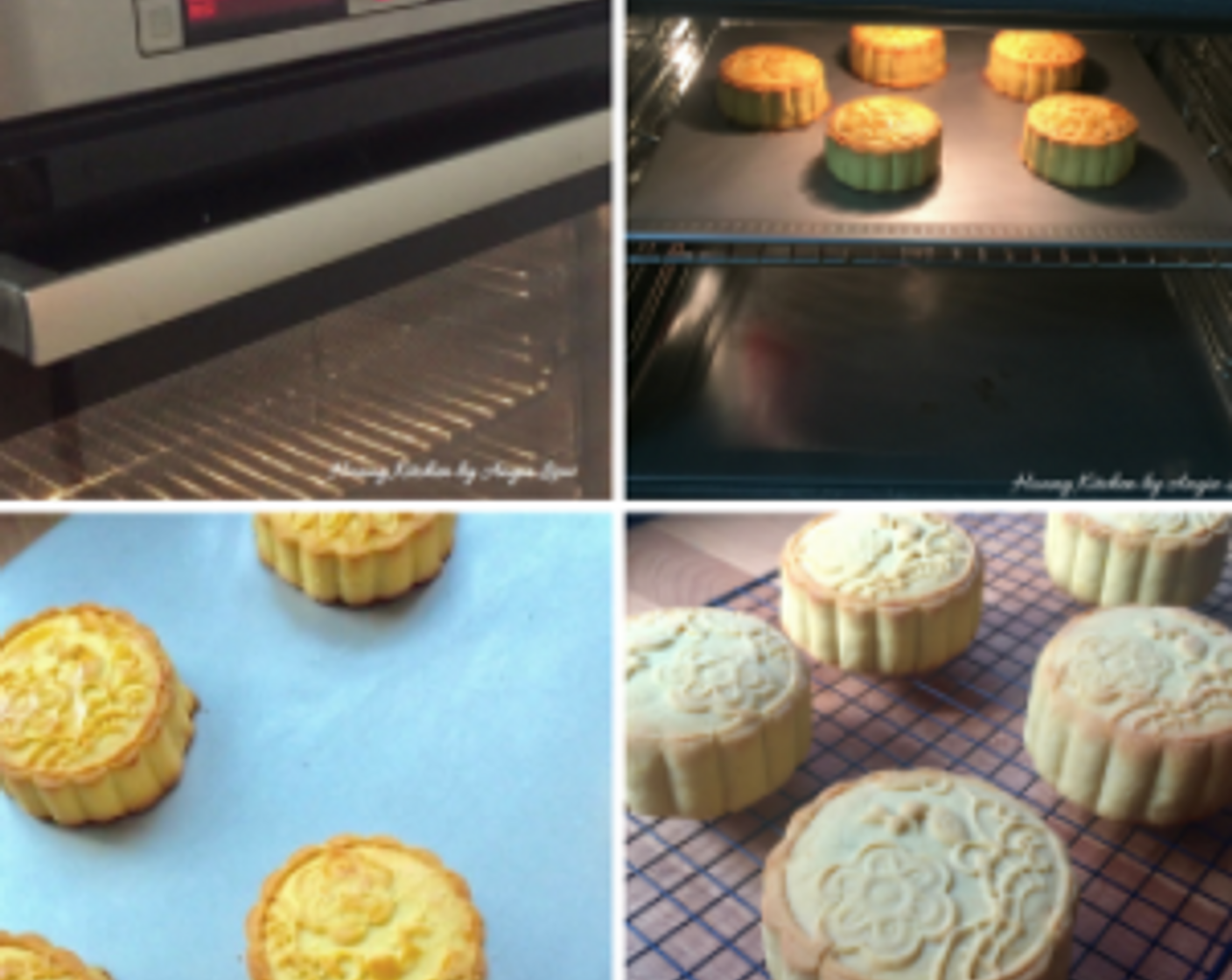 step 12 Meanwhile, preheat oven to 190 degree C (375 degrees F). Place mooncakes into the preheated oven to bake for 20 to 25 minutes, or until golden brown in colour. Then remove and transfer the baked mooncakes to cool completely on wire rack.