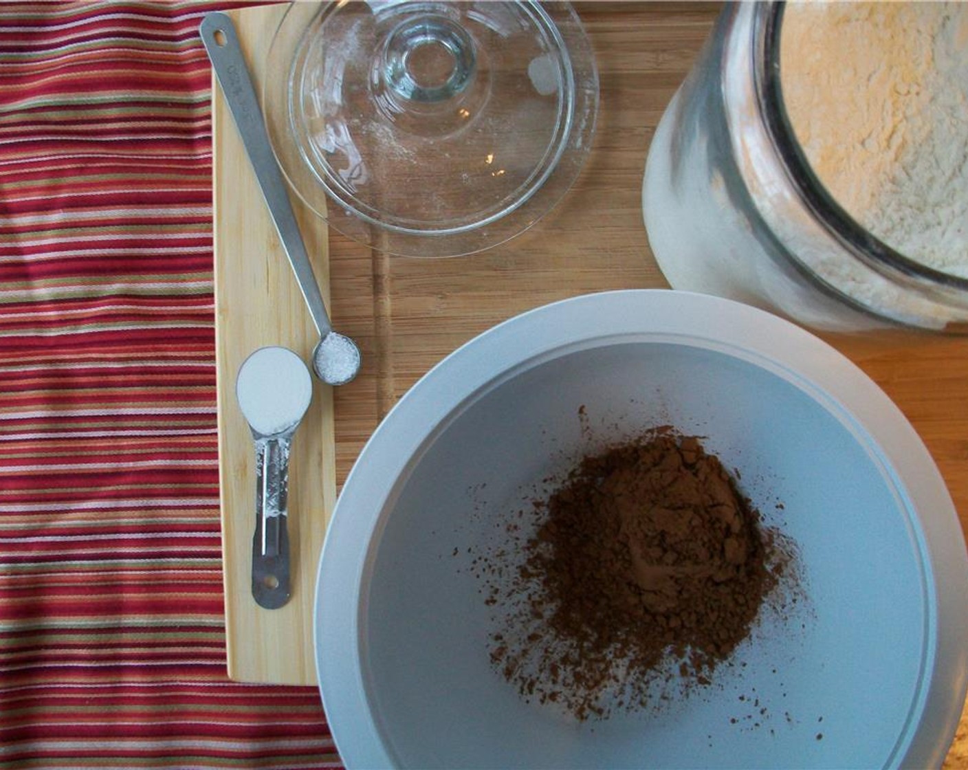 step 3 Whisk All-Purpose Flour (1 cup), Unsweetened Cocoa Powder (4 Tbsp), Baking Powder (1/2 tsp) and Salt (1/4 tsp) together.