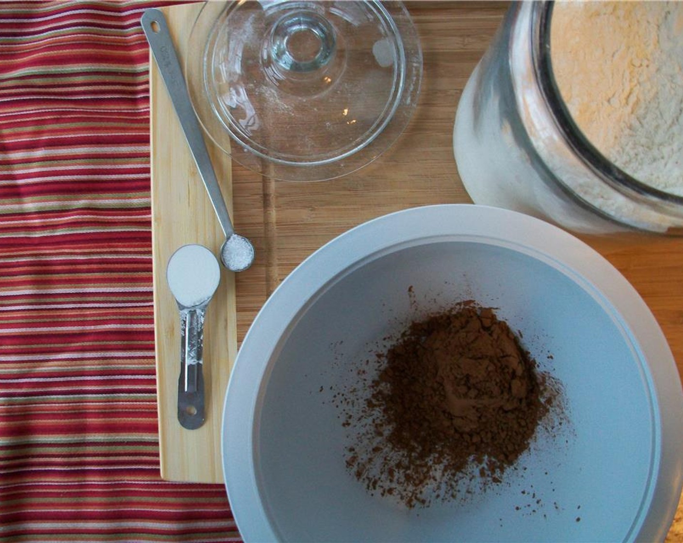 step 3 Whisk All-Purpose Flour (1 cup), Unsweetened Cocoa Powder (1/4 cup), Baking Powder (1/2 tsp) and Salt (1/4 tsp) together.